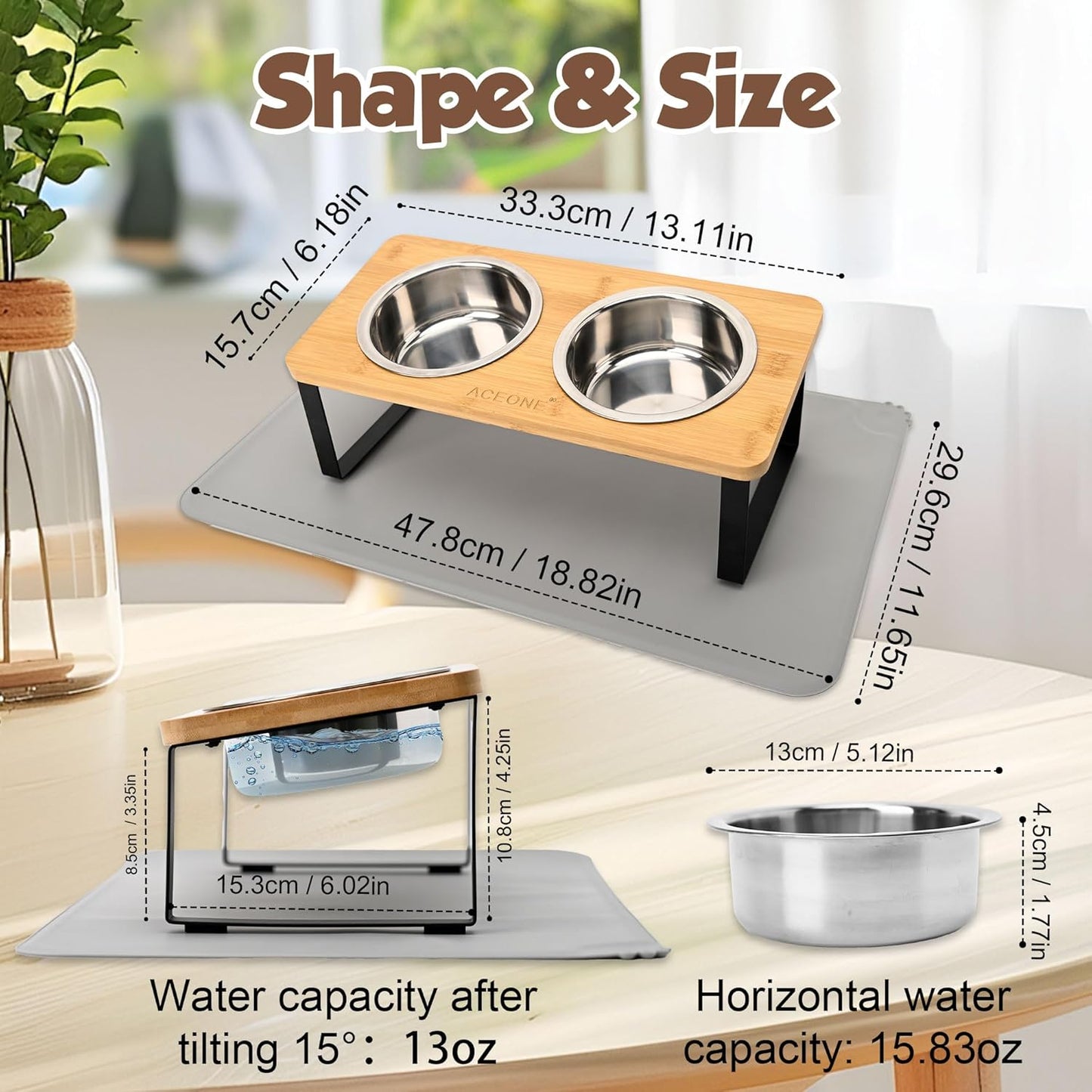 Elevated Cat Bowls with Non Slip Mat, ACEONE 15° Tilted Raised Anti Vomit Cat Feeder for Food and Water, Pet Feeding Station with 2 Stainless Steel Bowls(M Bowl)