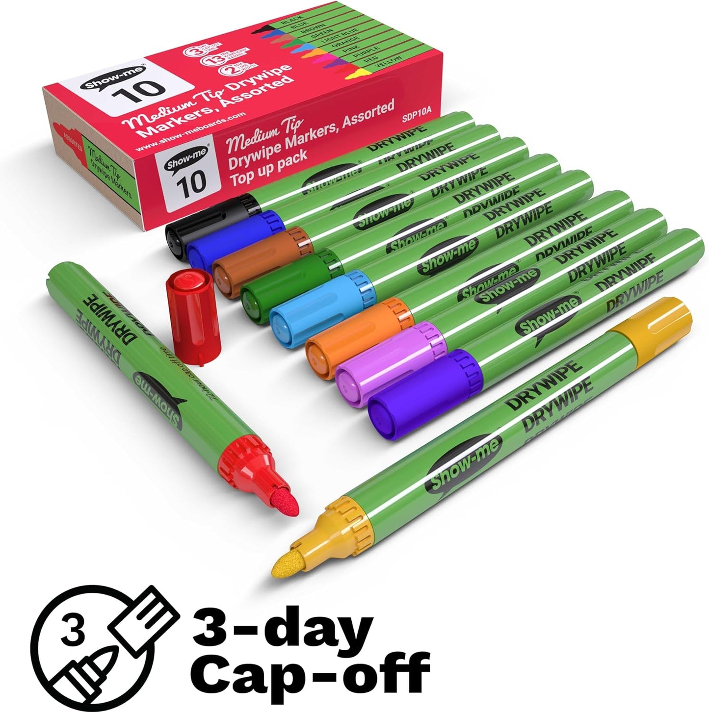 SHOW-ME Box 10 Medium Tip Slim Barrel Dry Erase Markers - Assorted Colours (SDP10A)