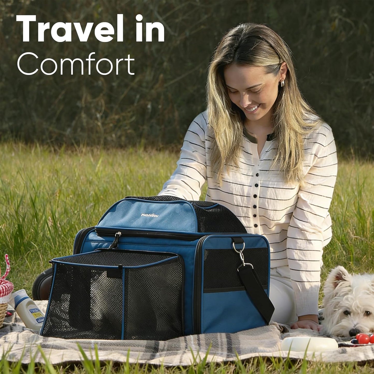 FUKUMARU Cat Carrier with Wheels, 18x11x11 Expandable Soft Cat Travel Carrier, Airline Approved Dog Carrier, Sturdy Rolling Cat Carrier with Anti-Scratch Mesh, Escape-Proof Pet Carrier for Cat, Blue