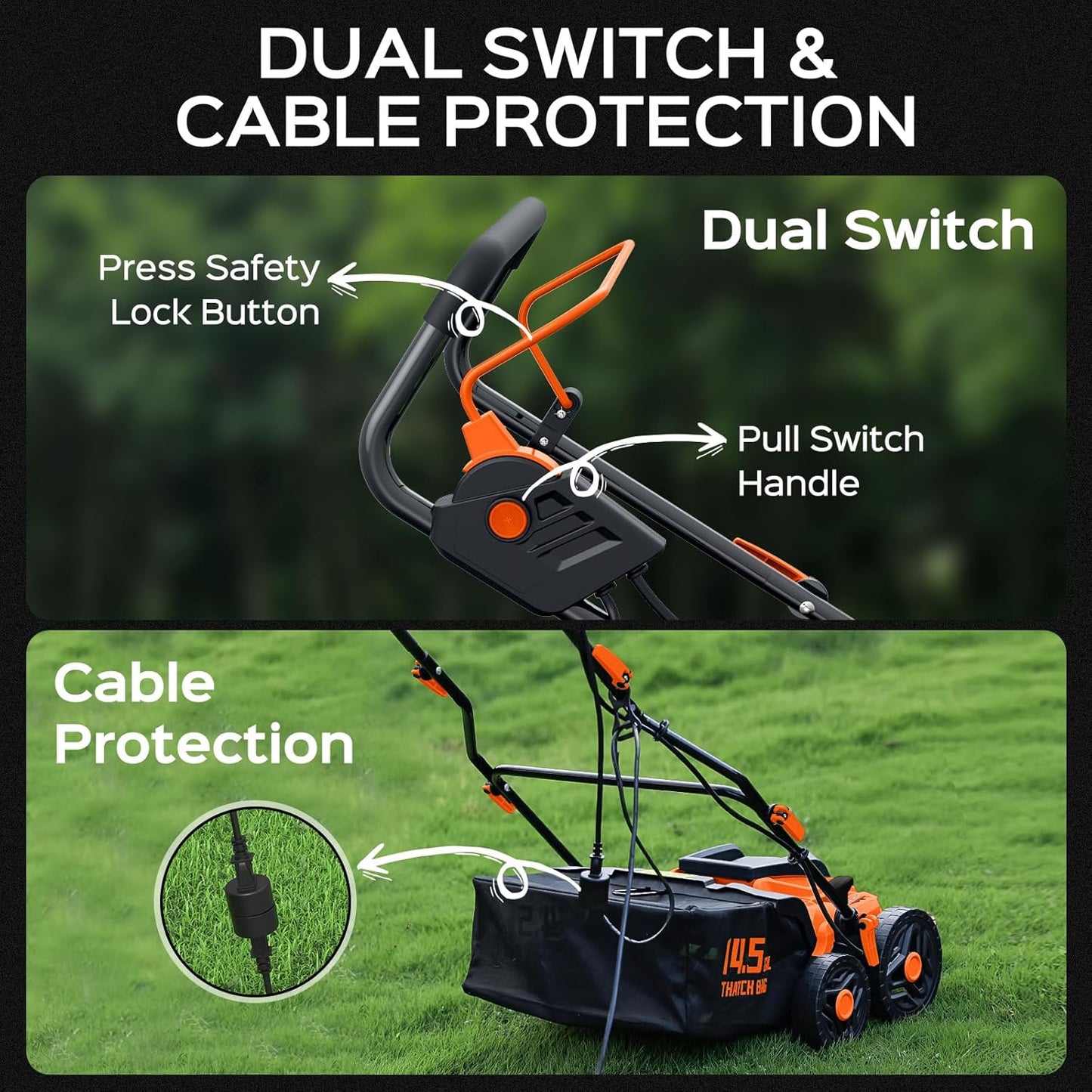 16-Inch 15.5 Amp 2-in-1 Electric Dethatcher and Scarifier with 14.5-Gallon Collection Bag, Lawn Dethatcher with 5-Position Depth Adjustment, Quick-Fold, Keeps Lawn Healthy - Blaze Orange