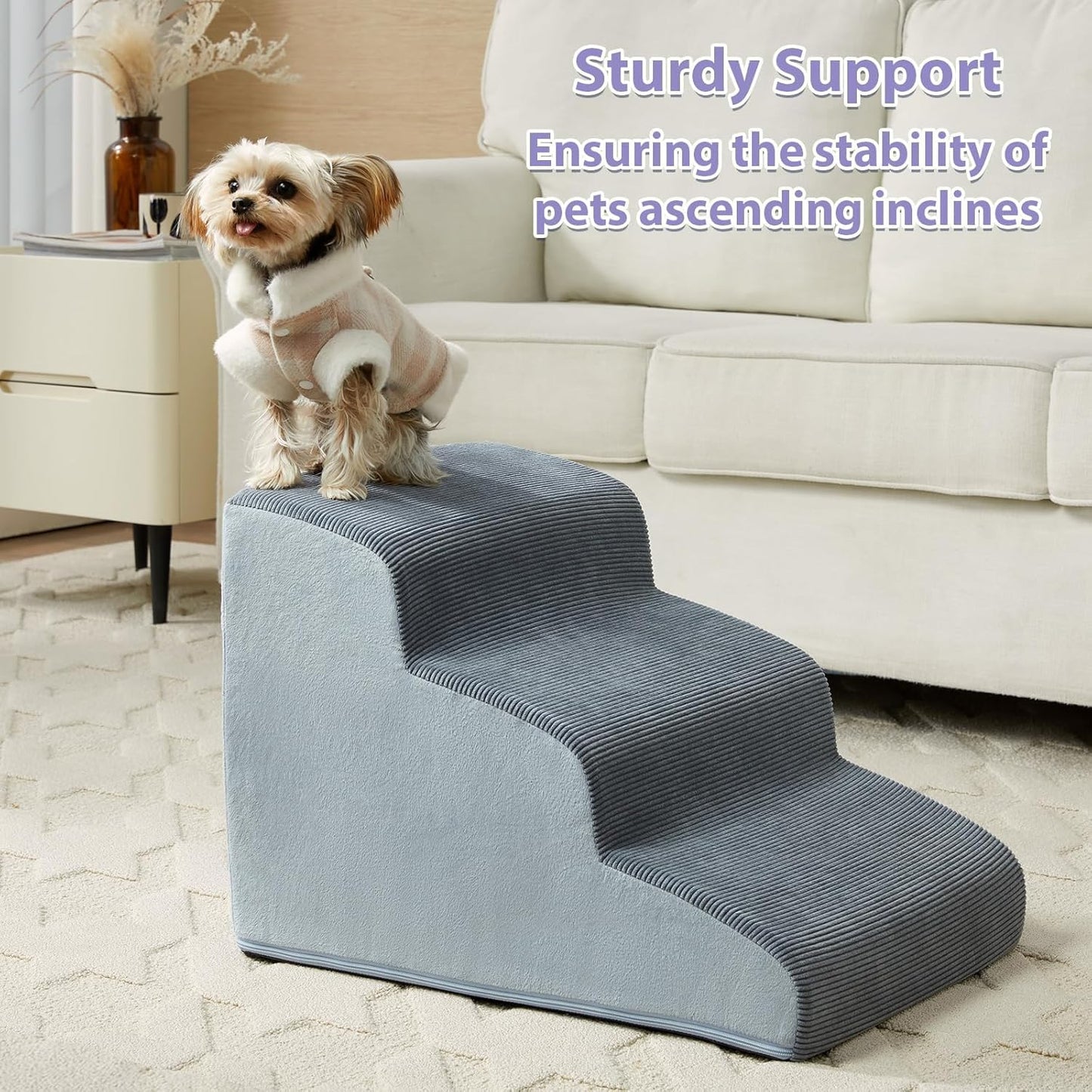 Dog Stairs for Small Dogs, 3-Steps Dog Ramp for Bed and Couch, Pet Stairs with Highly Supportive Foam and Non-Slip Bottom, Dogs Steps for Cat & Doggie (High 15.7 Inch)