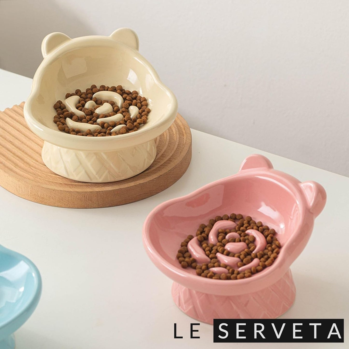 Winnie The Pooh Series Ceramic Slow Feeder Cat Bowl, Raised Anti-Gulping Design with Bear Ears, Pastel Colors, Quilted Pattern Base (Creamy Yellow)