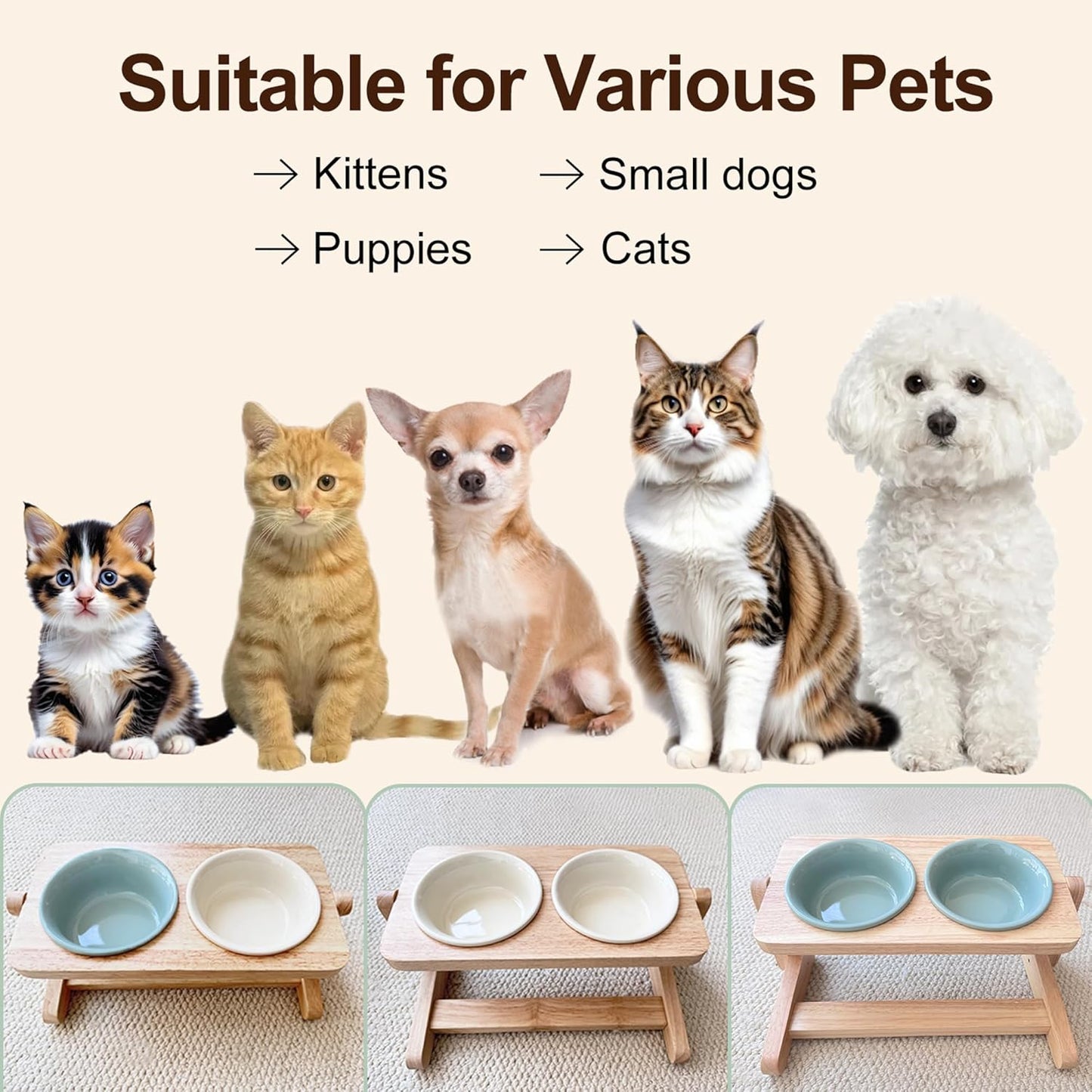 Elevated Cat Bowl, 12 Ounce Ceramic Raised Cat Bowl for Dry and Wet Food, 2 Dishs with Adjustable Wood Stand, for Indoor Kitten, Cats and Puppy, Dishwasher Safe (Cream+Green
