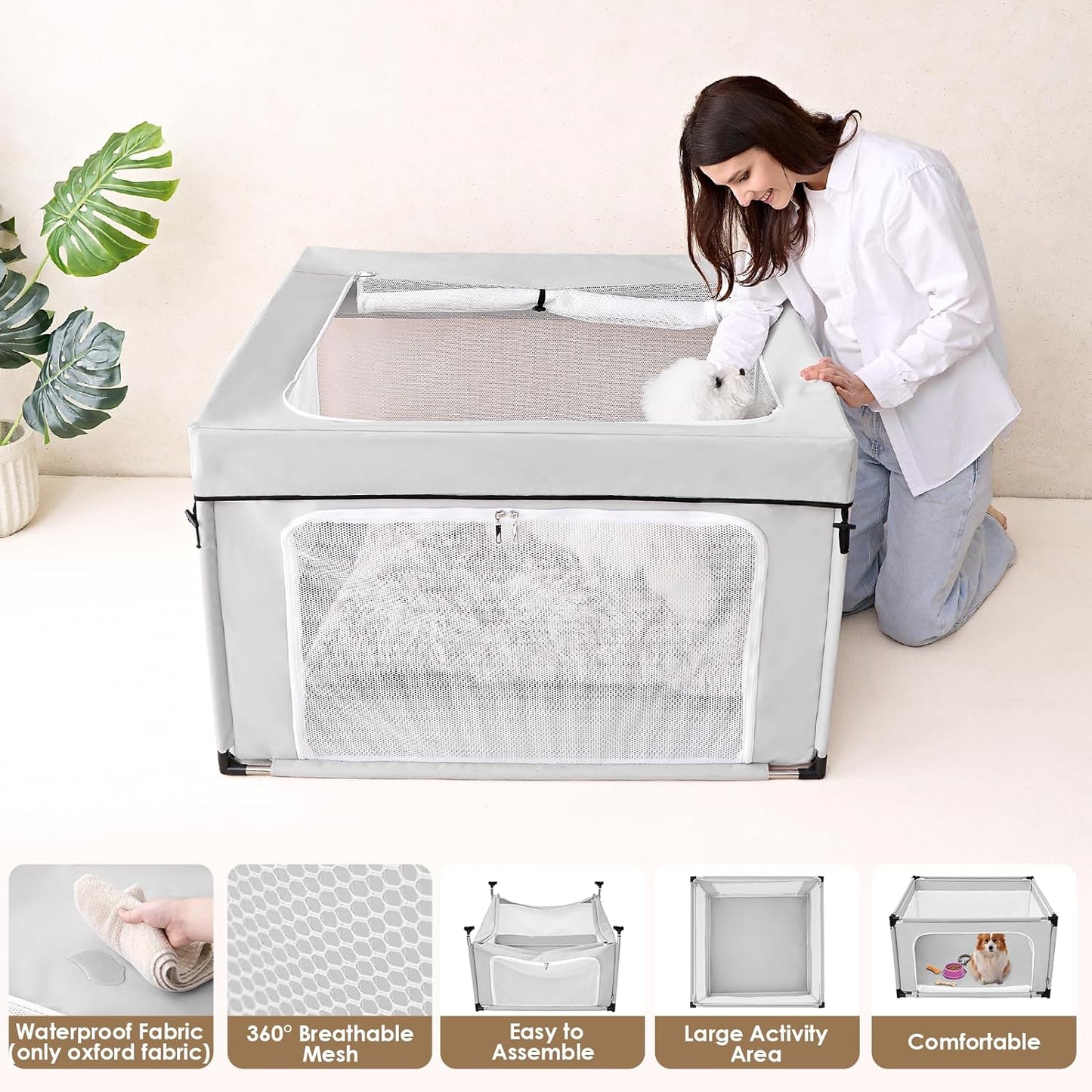 EHEYCIGA 42x42x26 Inches Puppy Playpen with Top Cover for Dogs & Cats Indoor or Outdoor - Dog Playpen with Door, Dog Fence for Small Animal with Heavy-Duty Oxford & Steel Frame, Sliver Grey