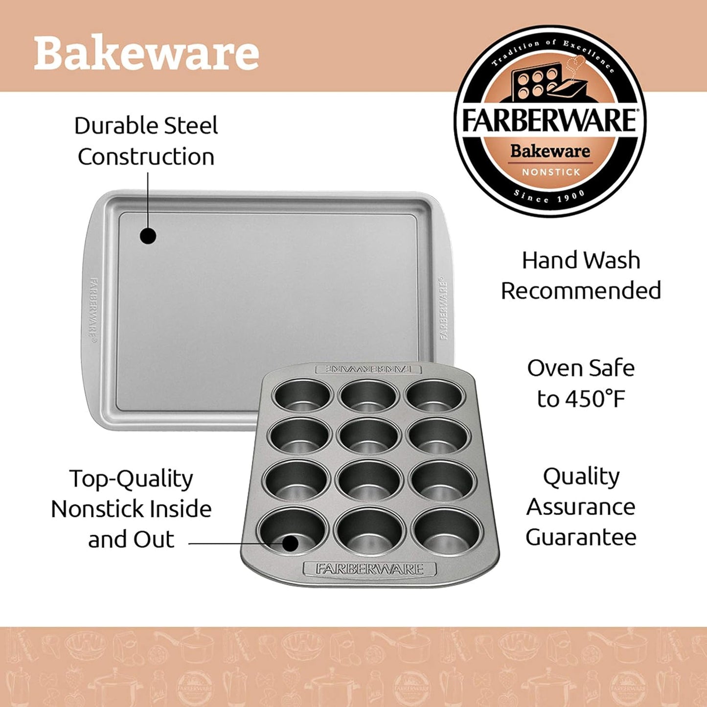 Farberware Nonstick Bakeware 3-Piece Cookie Pan Set, Gray