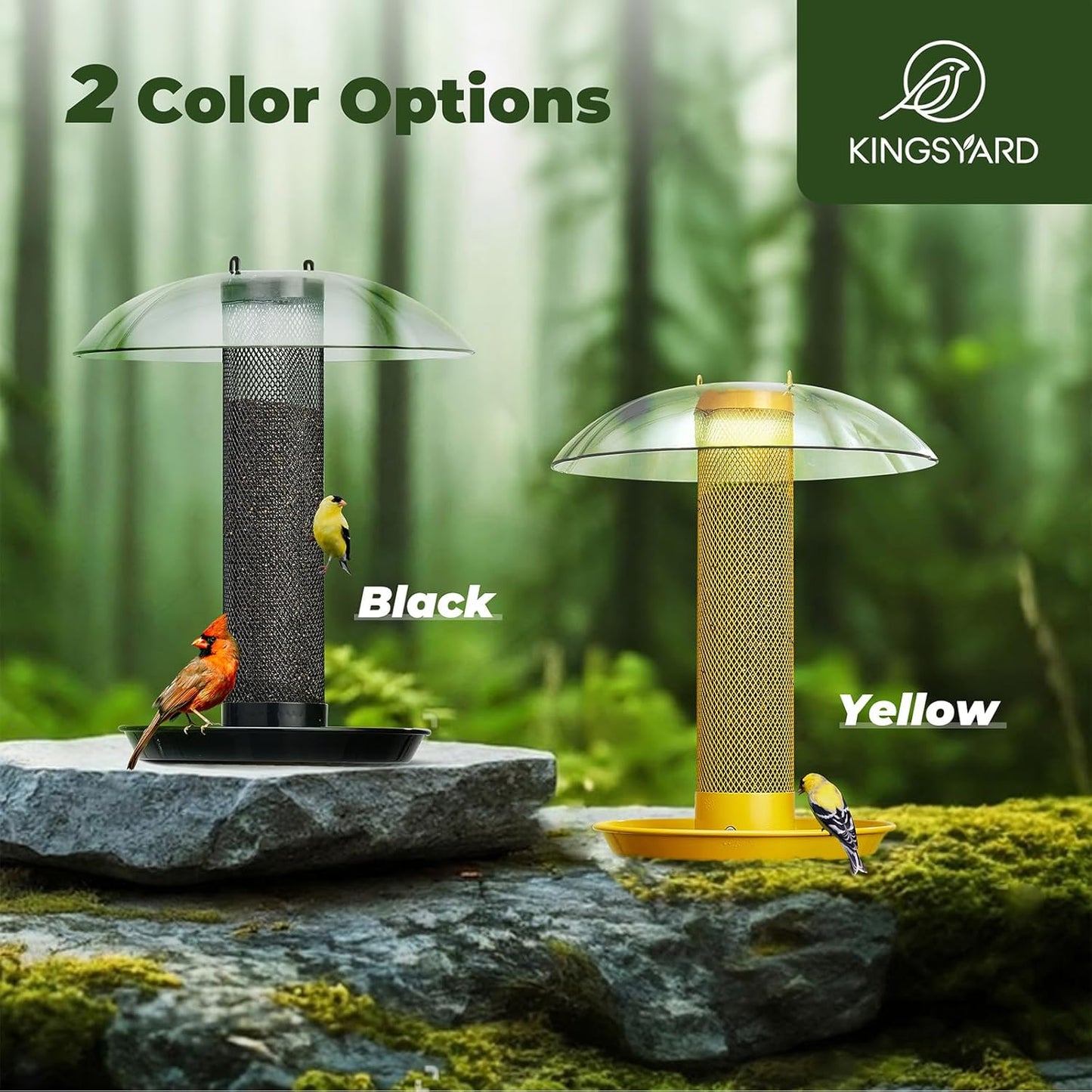 Kingsyard Finch Bird Feeder for Outdoors Hanging, Metal Mesh Tube Bird Feeders for Thistle & Nyjer Seed, Large Removable Tray & Rainproof Dome, 2.5 lbs Seed Capacity, Yellow