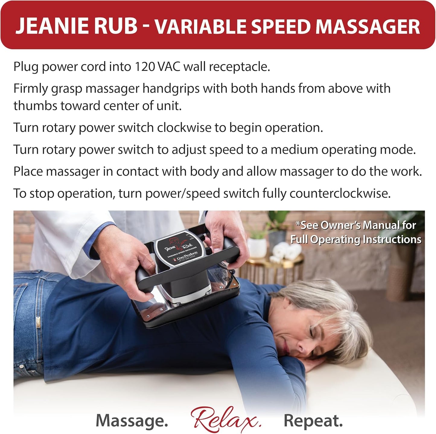 Core Products Jeanie Rub Variable Speed Massager, Deep Tissue Back Massager for Pain Relief, Body Massager for Shoulder Massage, Lumbar, Neck, Lower Back & Cellulite Massage
