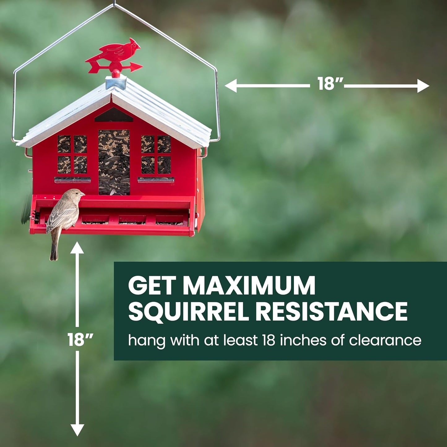 Perky-Pet Squirrel-Be-Gone II Country House Bird Feeder with Weathervane - 8 lb Seed Capacity - Squirrel Proof Wild Bird Feeder for Outdoors - Durable Construction - Rustic Outdoor Decor - 338, Red