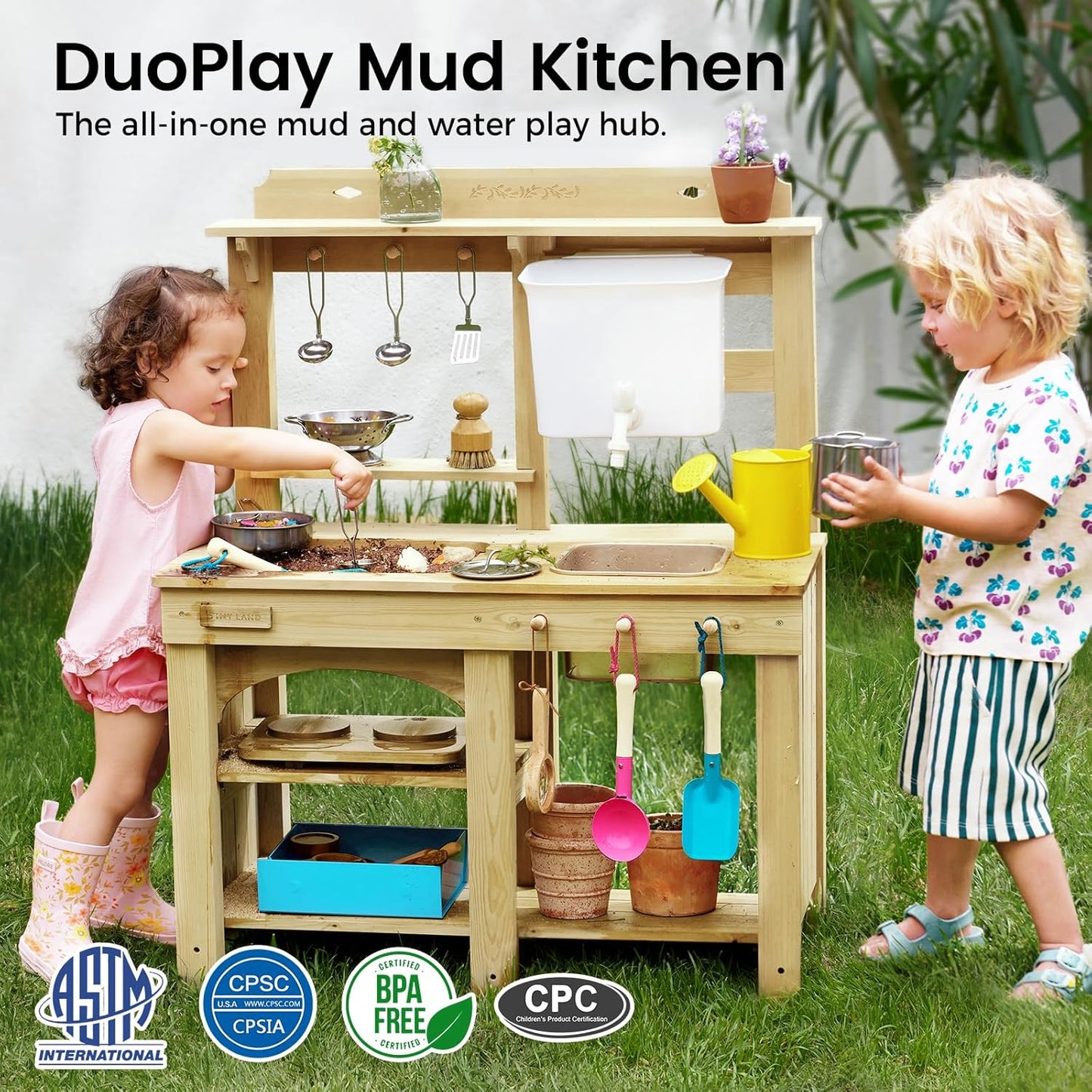 Tiny Land Outdoor Mud Kitchen for Kids, Wooden Play Kitchen with Water Tank, Water & Cooking Play, Sensory Fun, Weather-Resistant with Storage, Ideal for Toddlers Ages 3+