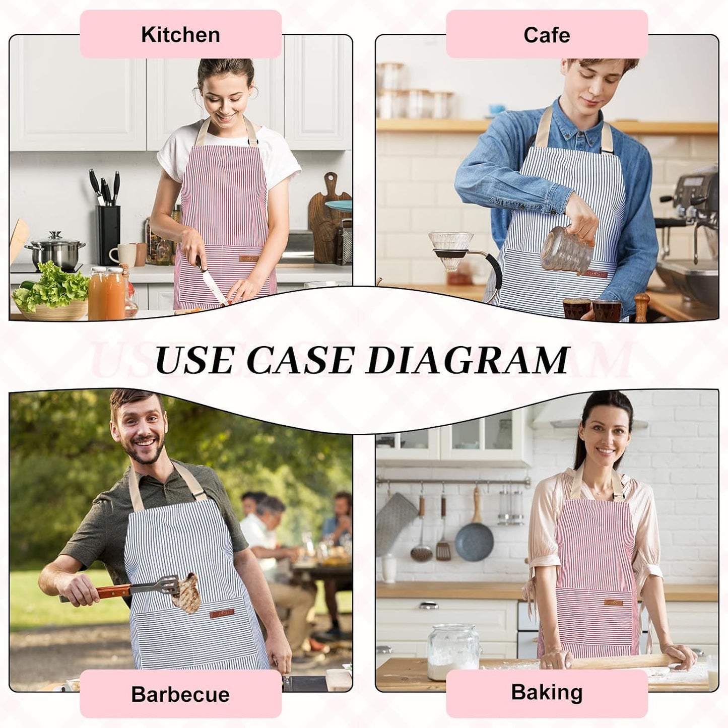 2Pack Adjustable Kitchen Apron for Women Men with 2 Pockets，Cotton-Polyester Blend Bib Aprons for Cooking,Baking