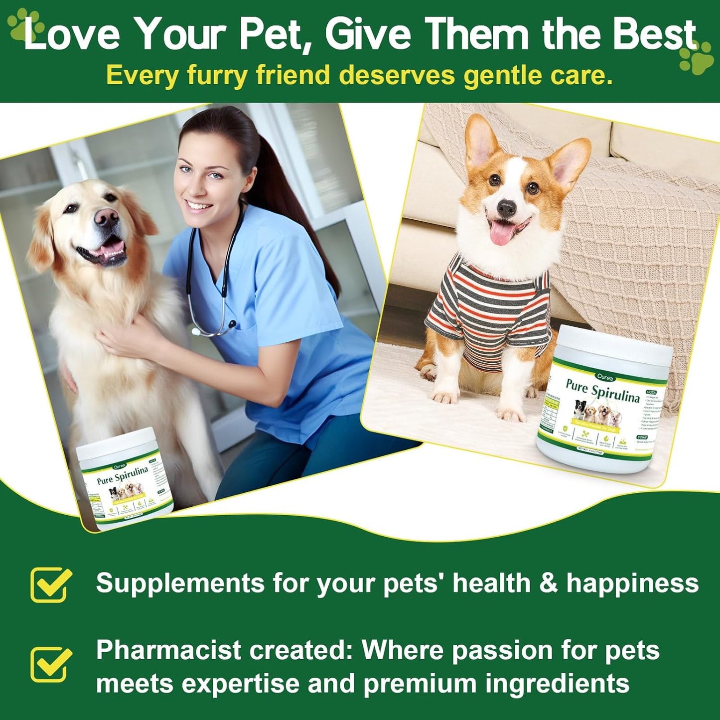 Organic Spirulina Powder for Dogs – Natural Superfood Supplement for Skin, Coat & Immune Health – 100% Pure Green Algae, No Fillers, No Additives, Boosts Energy & Vitality