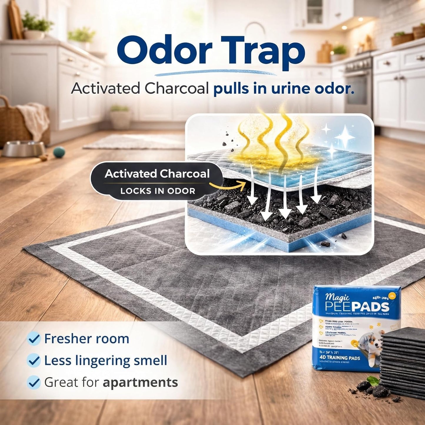 Alpha Paw - Magic Dog & Puppy Pee Pads - Puppy Pads with Charcoal, Extra Thick 6 Layers + Gel Tech Absorbs 6 Cups, Advanced Quick-Dry Indoor Wee Wee Pads for Dogs Training - XL Dog Pads 26”x30” 40 CT