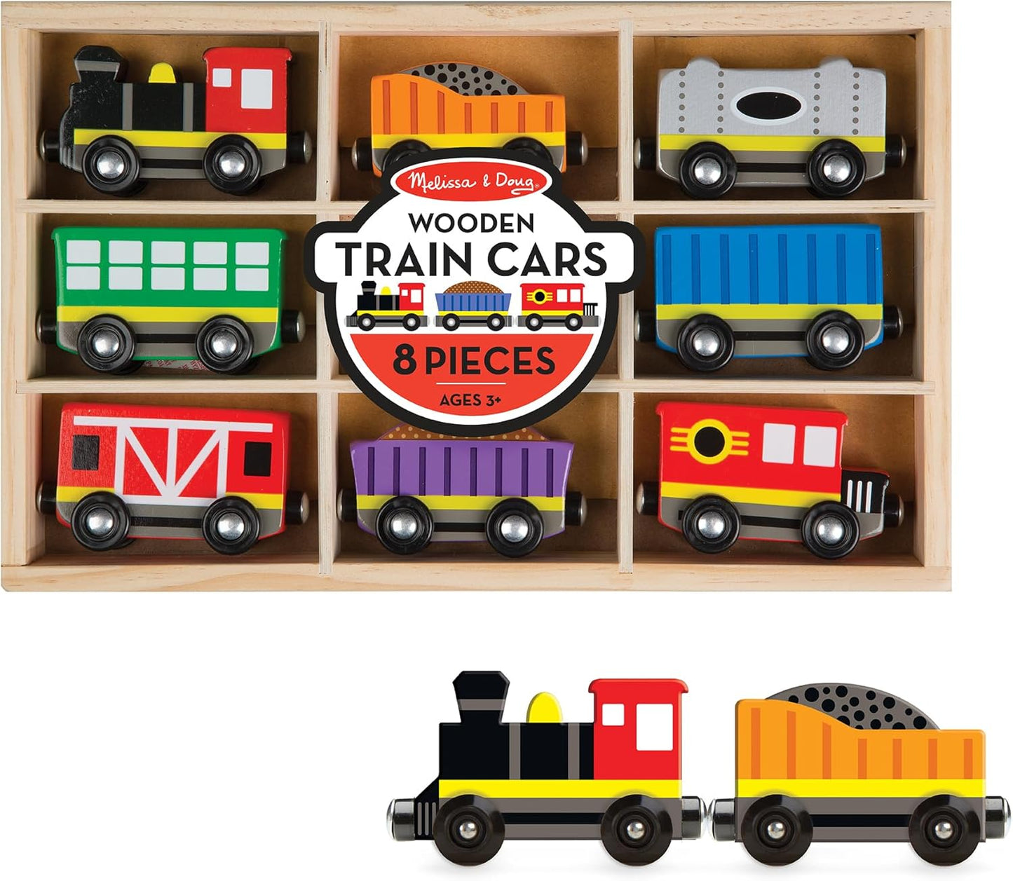 Melissa & Doug Wooden Train Cars, 8-Piece Magnetic Train Set with Toy Storage Tray, Steam Engine, Caboose, Coal & Passenger Cars, Montessori-Inspired Pretend Play Toys for Kids Ages 3+