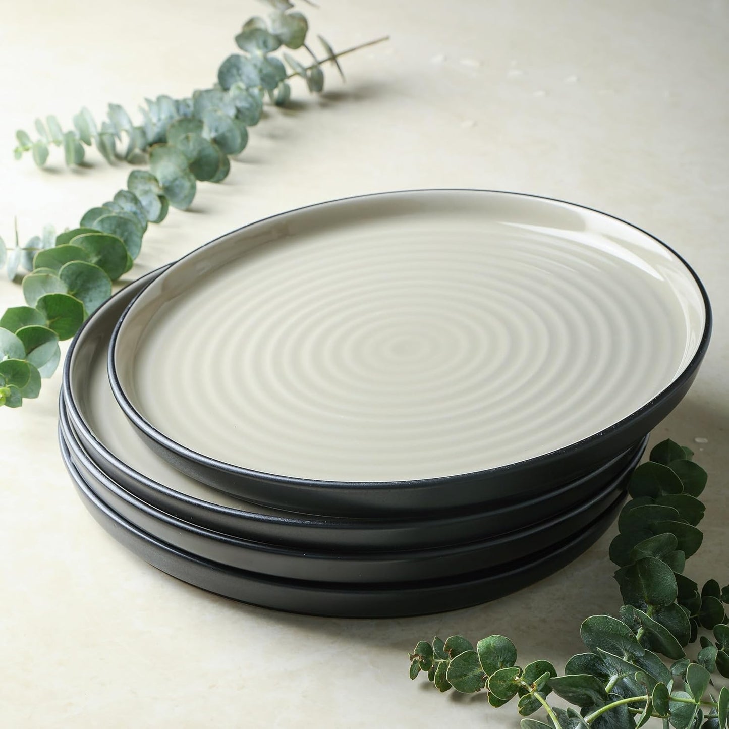 Stone Lain Elica 24-Piece Modern Dinnerware Set Stoneware, Plates and Bowl Sets for 8, Beige and Black