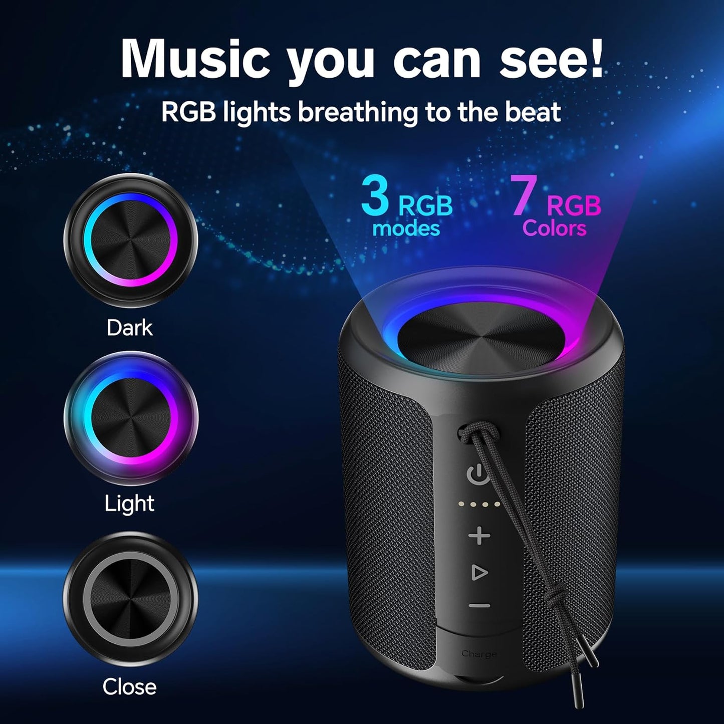 Portable Bluetooth Speaker, IPX7 Waterproof Wireless Speaker with 20W Loud Stereo Sound, 15H Playtime & Beat-Synced RGB Light, Small Outdoor Speaker for Shower, Pool, Beach, Hiking and Gifts
