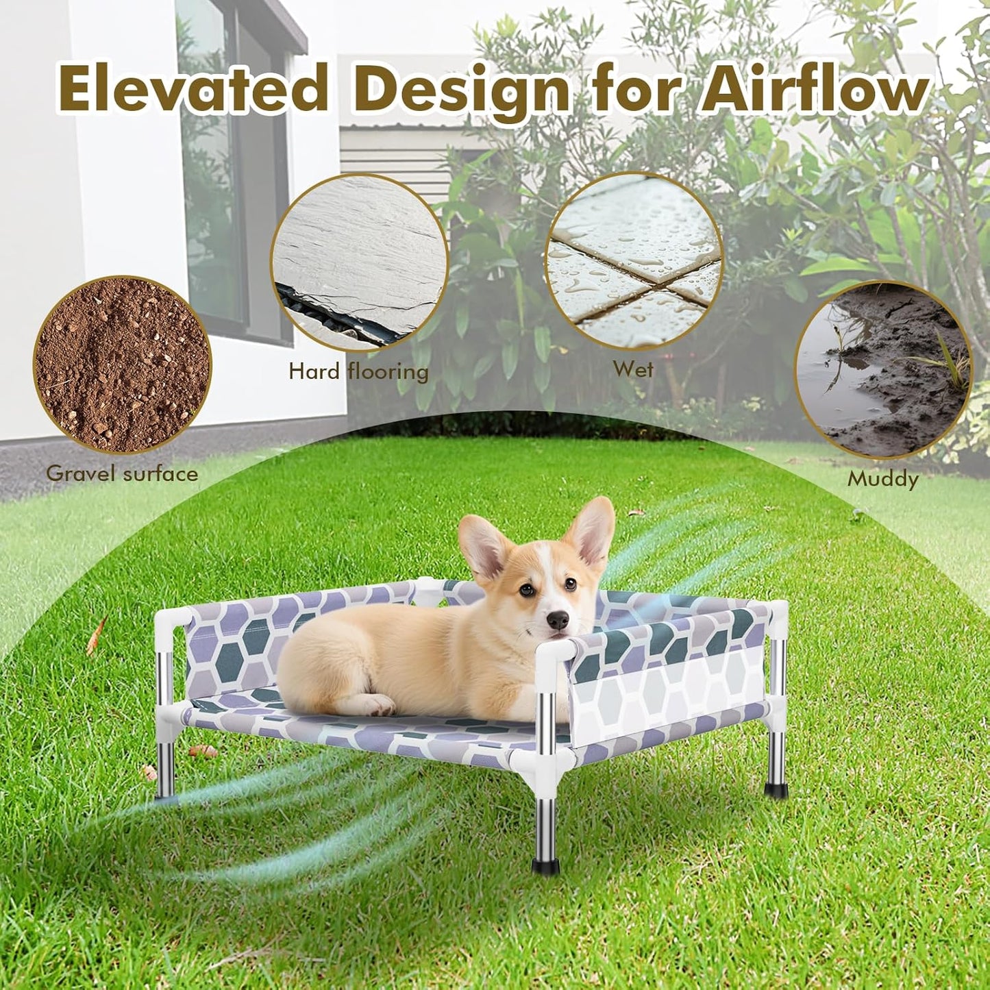 Elevated Dog Bed, Cooling Outdoor Dog Cot with 3-Sided Guard Rails, Raised Pet Bed for Indoor and Outdoor, Durable & Breathable(19.8" L x 19.8" W x 5.9" Th)