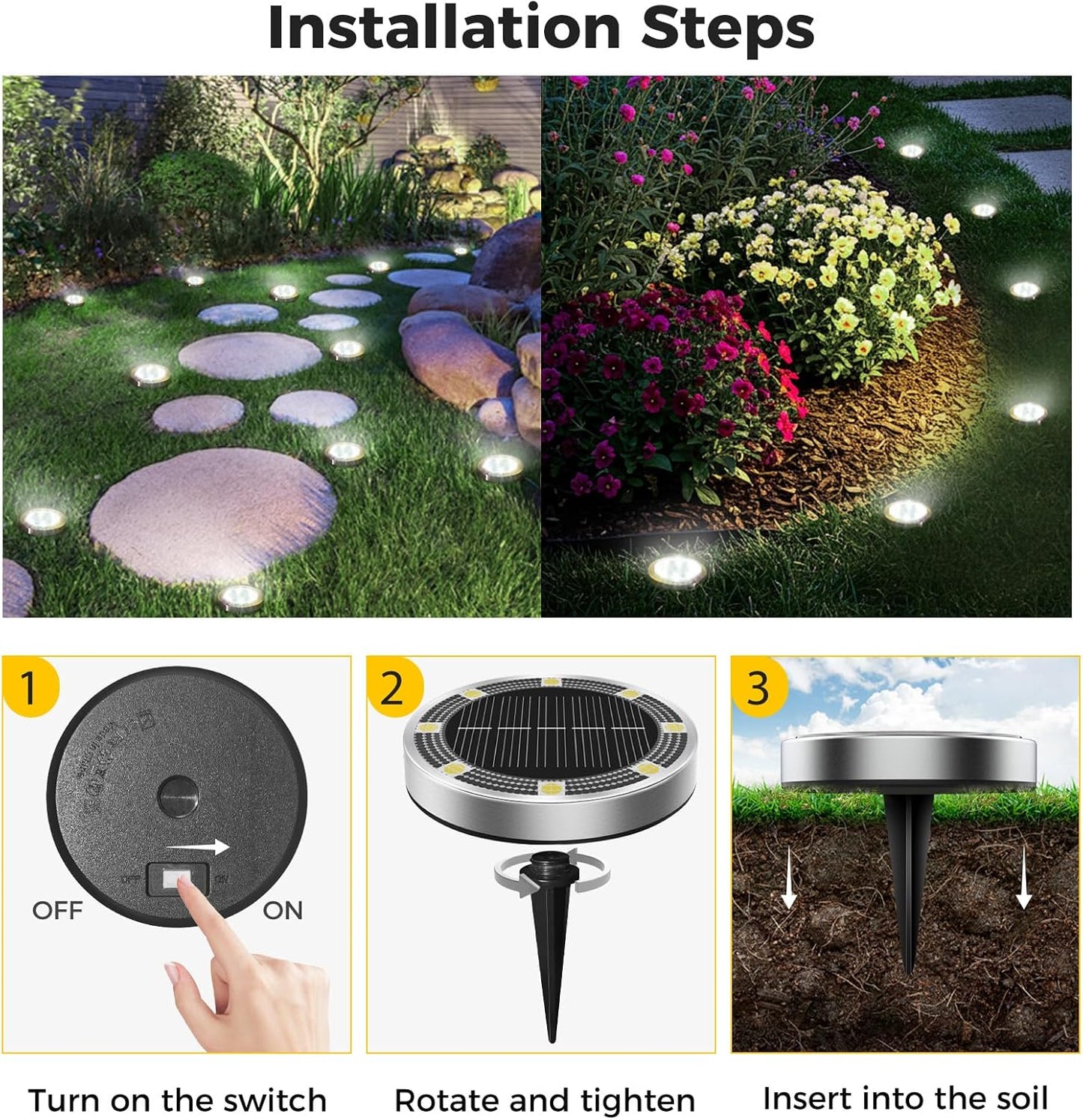 6 Pack Solar Ground Lights Outdoor, 8 LED Mini Flat Solar Disc Lights, IP65 Waterproof Pathway Lights Solar Powered, Landscape Lighting for Garden Walkway Driveway Yard Lawn,Cool White
