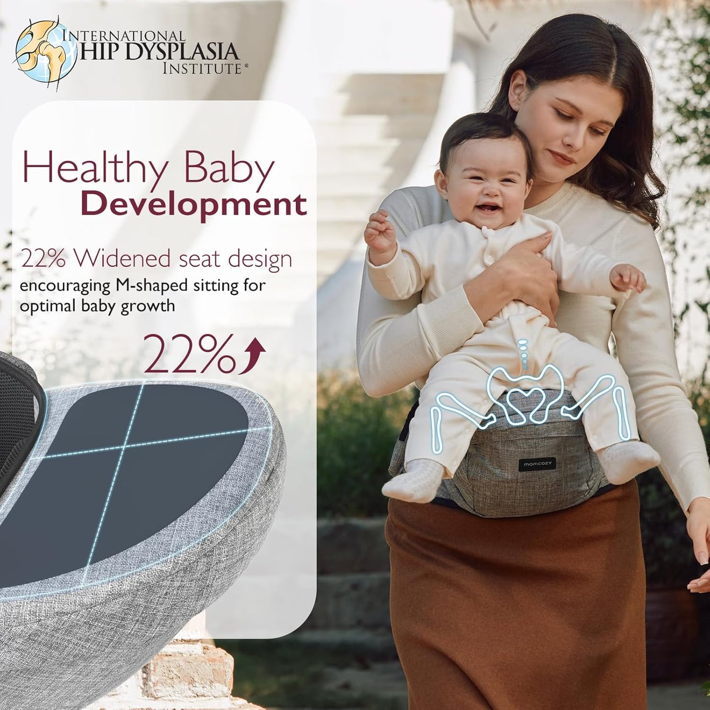 Momcozy Hip Seat Baby Carrier - Adjustable Waistband with Original 3D Belly Protector, Ergonomic Carrier with Various Pockets for Toddlers up to 45lbs (Grey, Medium 27-45IN)