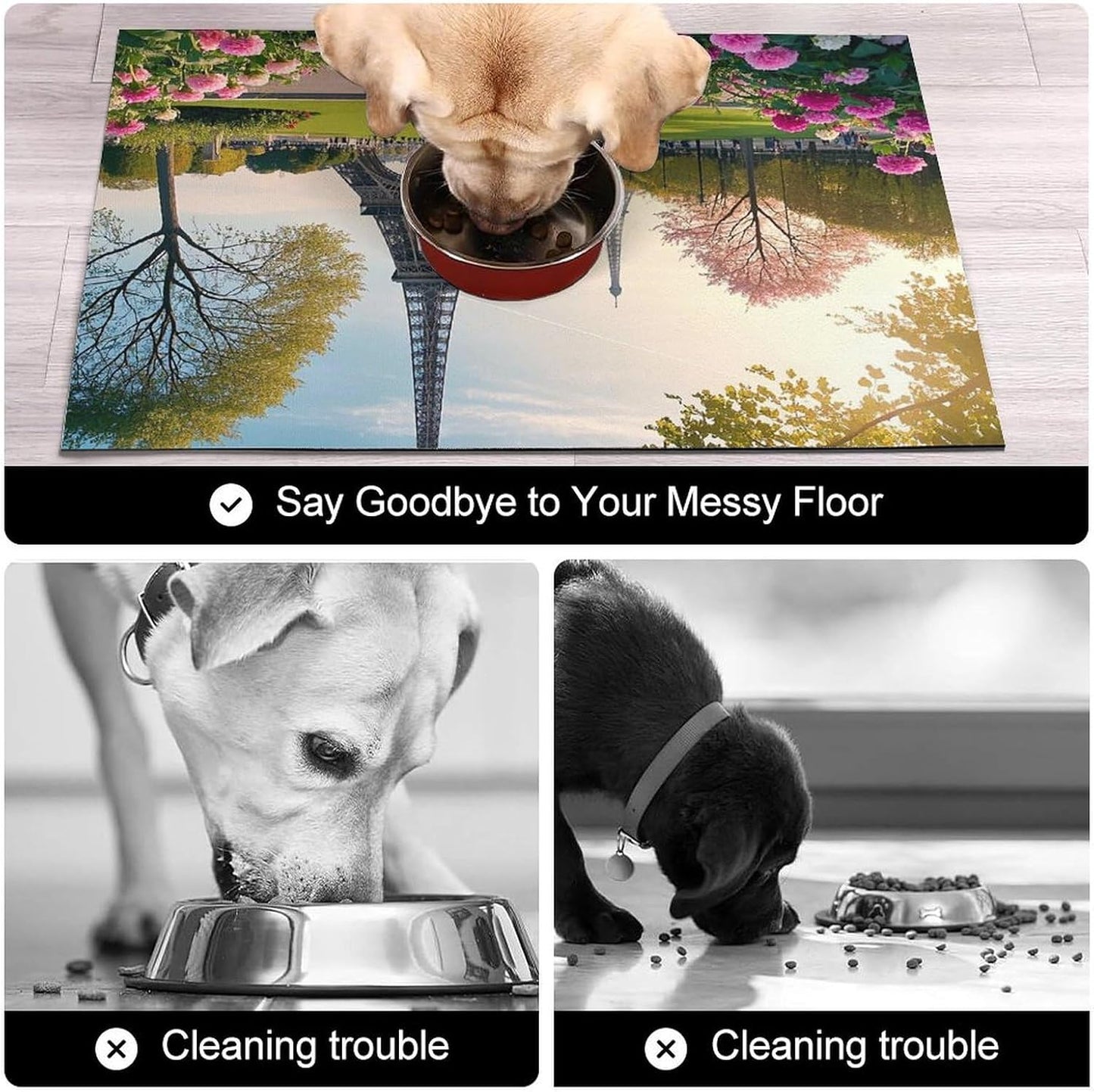 Dog Food Mat Pet Leather Tablecloth Paris Eiffel Towers Flower Pet Feeding Mat Anti-Slip Dog Bowl Mats Absorbent Pet Placemats for Dogs Protect Floor Dogs Pad for Food and Water