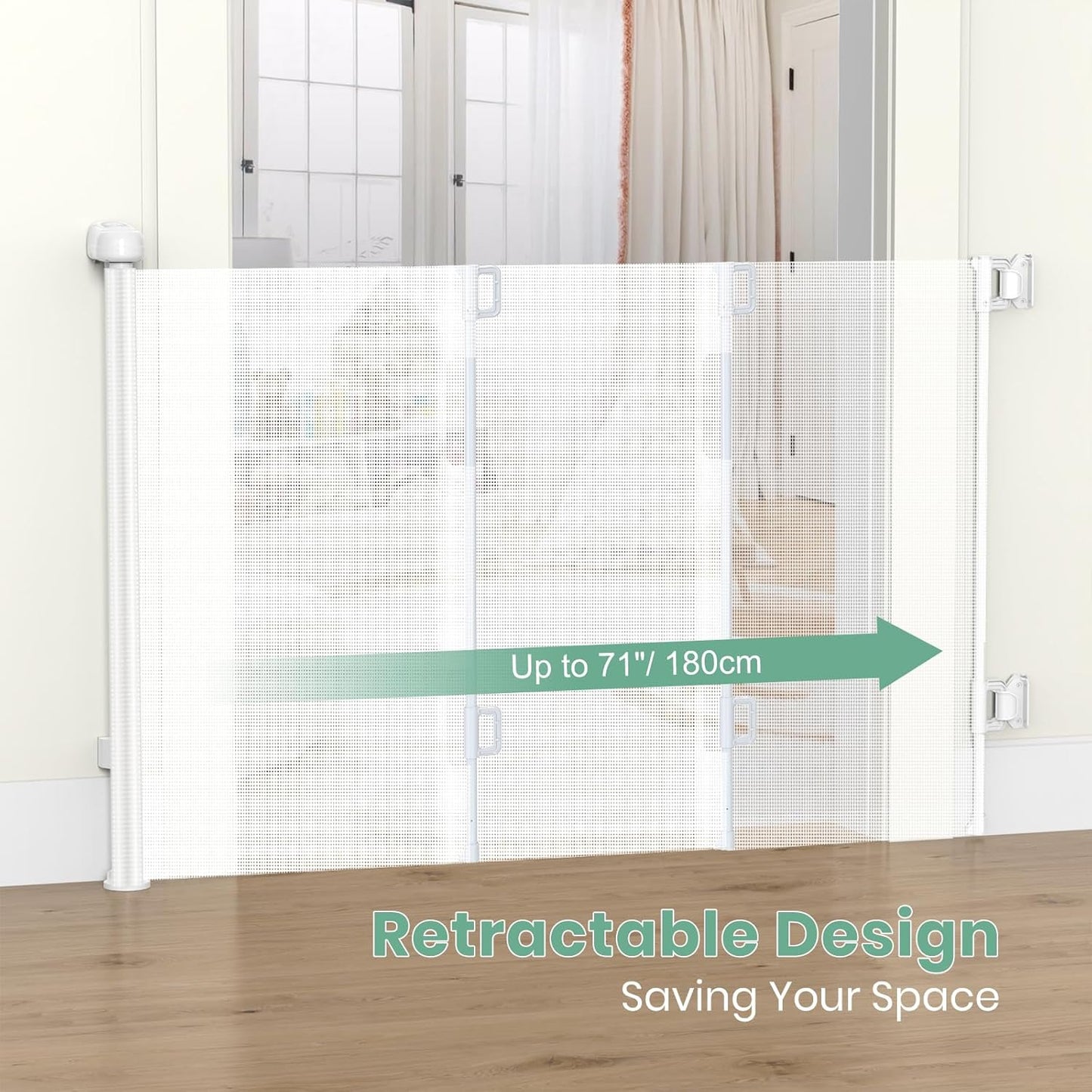 HAMOPY Retractable Baby Gate, 33" Tall, Extends up to 71" Extra Wide Baby Gate, Durable Auto-Lock Mesh Dog Gate, Pets and Child Safety Gates for Stairs, Doorways, Hallways, Indoor, Outdoor(White)