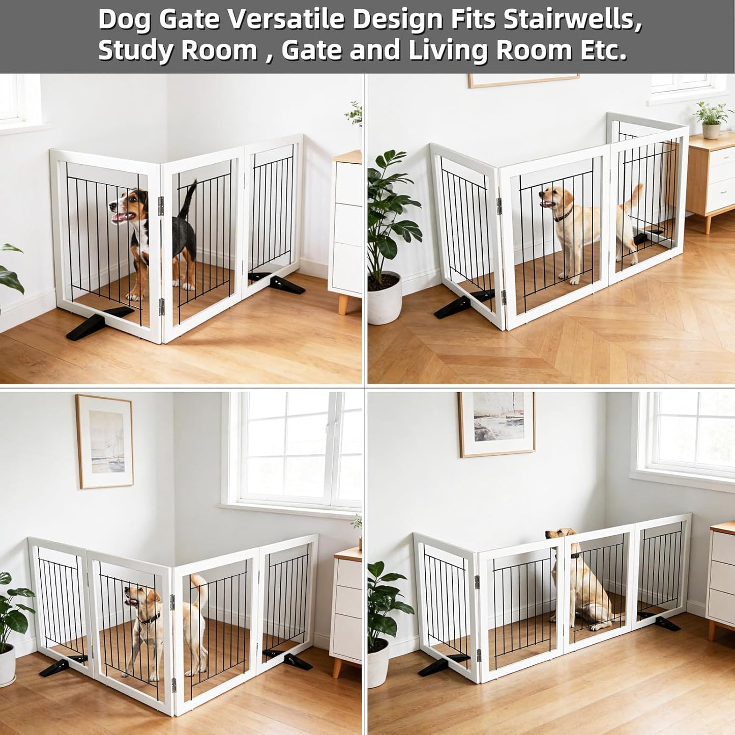 ZJSF Freestanding Dog Gate Indoor, Foldable Dog Fence for Doorways,Hallways or Stairs, Sturdy Wood Extra Wide Pet Gate with Support Feet,White,24 "Height-3 Panels