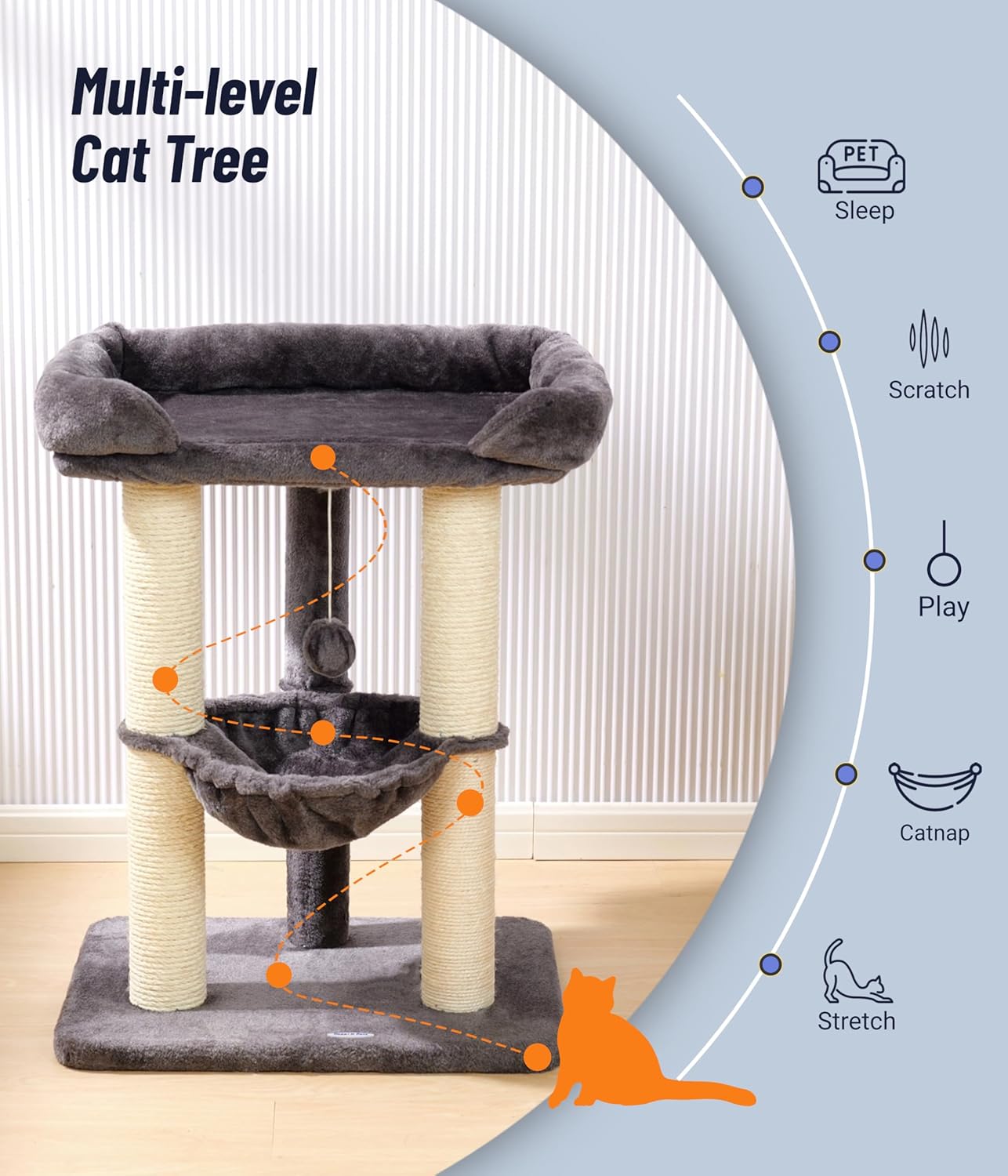 Happi N Pets 28" Cat Tree Tower, Tall Cat Scratching Post with Soft Perch for Window Viewing, Large Bed for Big Cats, Stable & Compact Cat Tower with Hammock, Removable Cover-Gray