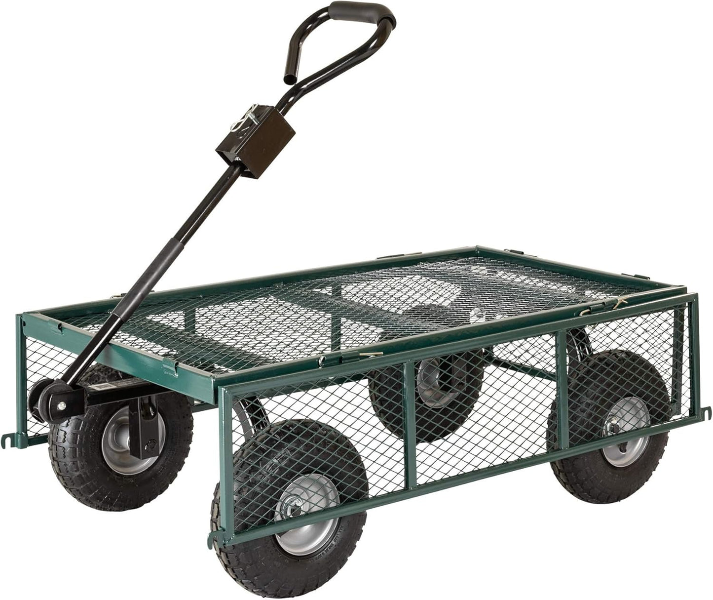 70107 Garden Cart/Utility Cart, Hinged/Removeable Sidewalls, Four 10-inch Wheels, Loop Handle with Convertible Hitch Attachment, Steel Powder-Coated Mesh Frame, 700-pound Capacity, Green