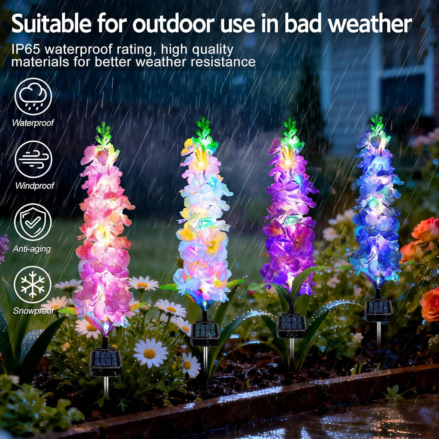 Solar Garden Lights, Solar Delphinium Flowers Lights 4 Pack 80 LEDs, Waterproof Outdoor Light Two Lighting Modes for Outside Wedding Party Garden Yard Patio Lawn Decor
