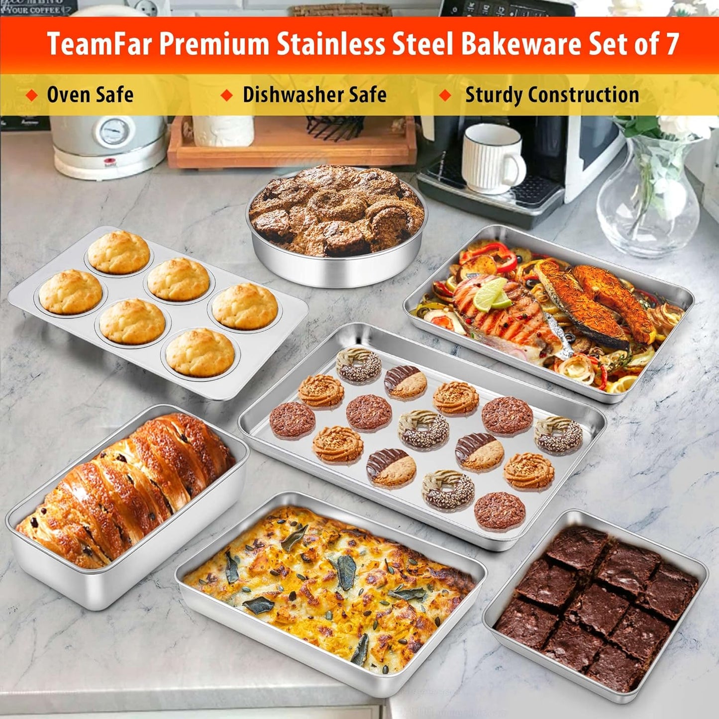TeamFar Bakeware Sets of 7, Stainless Steel Bakeware Sets for Oven, Baking Sheet & Toaster Oven Pan, Square & Round Cake Pan, Muffin Pan & Loaf Pan, Lasagna Pan, Healthy & Sturdy, Dishwasher Safe