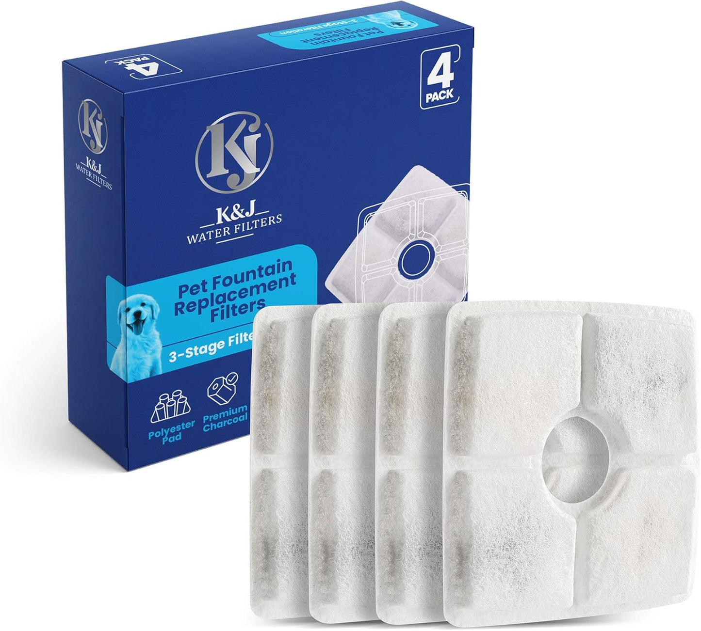 K&J 4 Pack Cat and Dog Pet Water Fountain Filter Replacements, Activated Charcoal, 84oz/2.5L, Universal Replacement for Veken, Parner, Pandola and More (4 Pack)