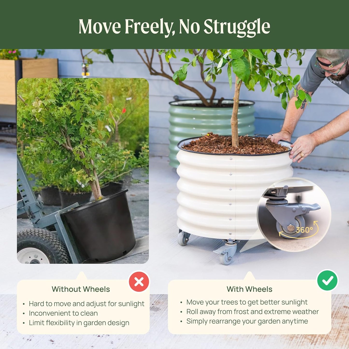 Rolling Metal Citrus Tree Planter Pot, 24″ Round Planter Box for Porch Patio & Backyard, 30 Gallon Large Planter Pot with Wheels for Growing Olive Trees Tomatoes Vegetables and Flowers, Modern Gray