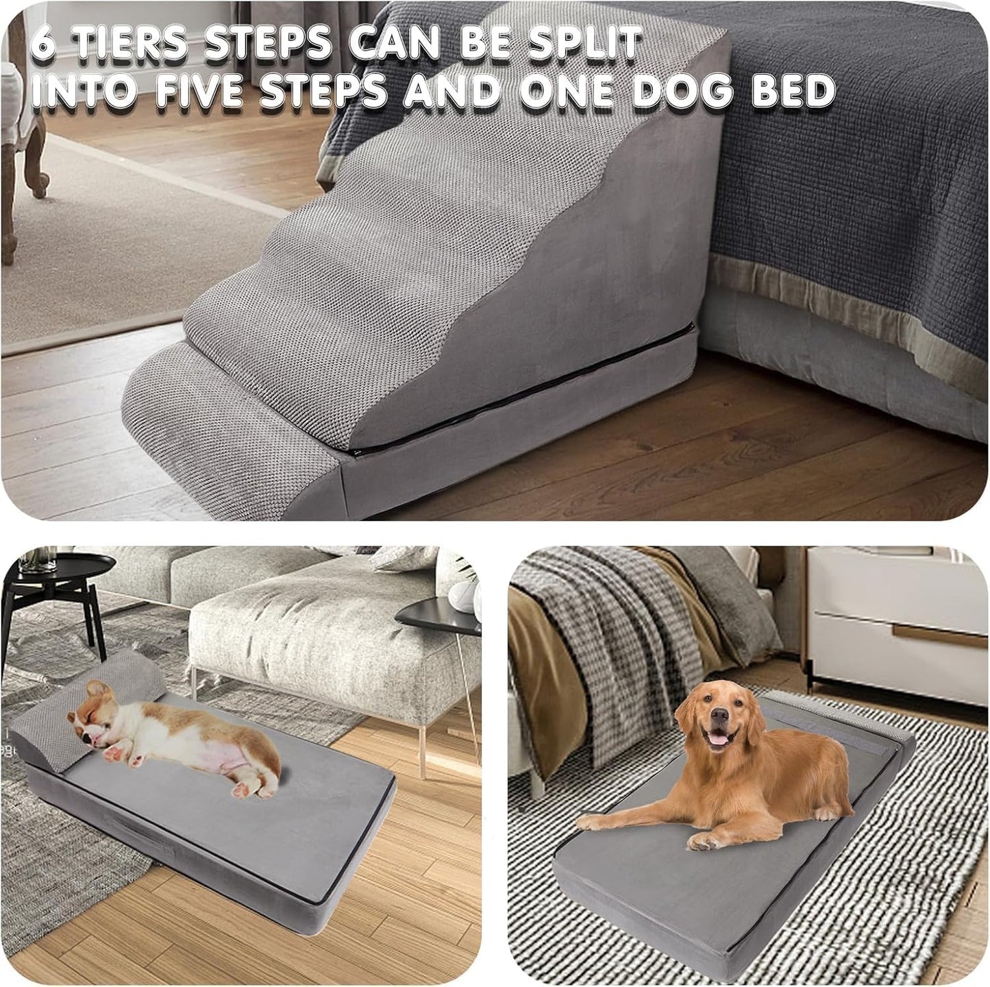 Dog Stairs for High Beds 30-36 inches Tall, 6-Step Pet Stairs/Steps for High Bed 32-36 inches for Small Large Dogs, Dog Ramp for Bed, Foam Dog Steps for Beds for Old Dogs/Cats, Grey