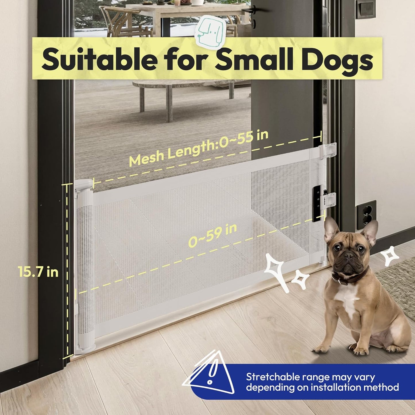 15.7" H Mesh Short Dog Gate, Extends Up to 59" W Retractable Pet Gate with Drill Installation, Small Dog Gate for Stairs, Easy Step Over Low Puppy Gate for Doorways Indoor Outdoor, White