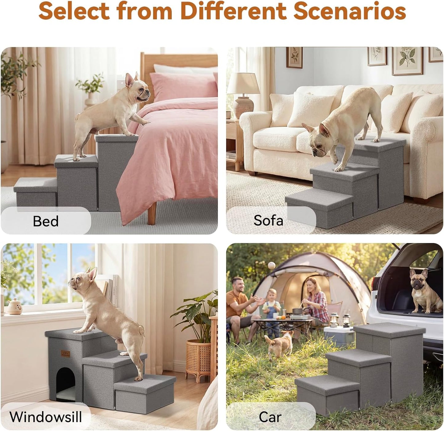 Dog Stairs 18" H, 3-Step Wider Dog Steps for High Beds Couch, Folding Storage Pet Stairs Gift for Small/Medium/Large Old Dogs Cats, Ramp for Climbing Car Up to 200 lbs, (Gray, with Condo)