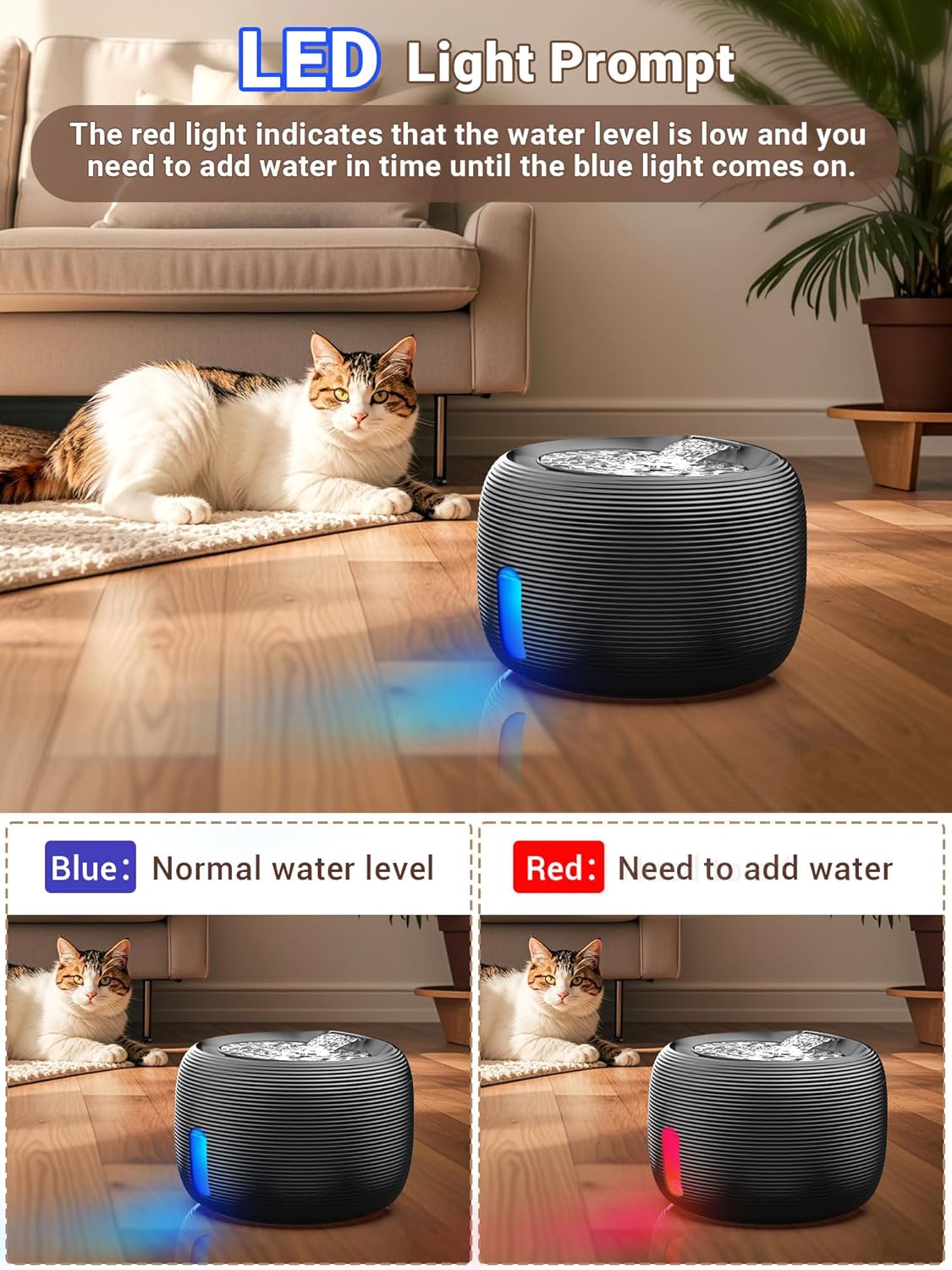 Kastty 3.5L/118 oz Cat Water Fountain, Large Capacity Quiet Pet Water Fountains for Cats Indoor Water Level LED Light Multi-Filtration BPA-Free, Automatic Cat Fountain Easy Cleaning FS77(Black)