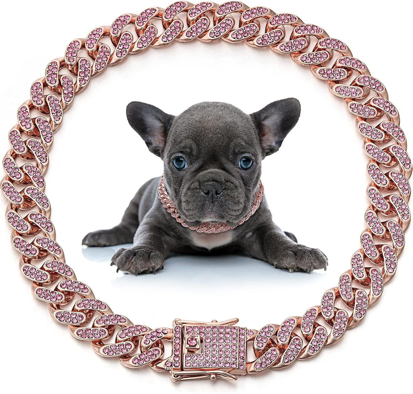 LEIFIDE Dog Chain Collar Diamond Link Puppy Collar 12 mm Wide Dog Necklace Metal Cat Chain Pet Crystal Necklace Jewelry Accessories for Small Medium Large Pet(8 Inch,Rose Gold, Pink)