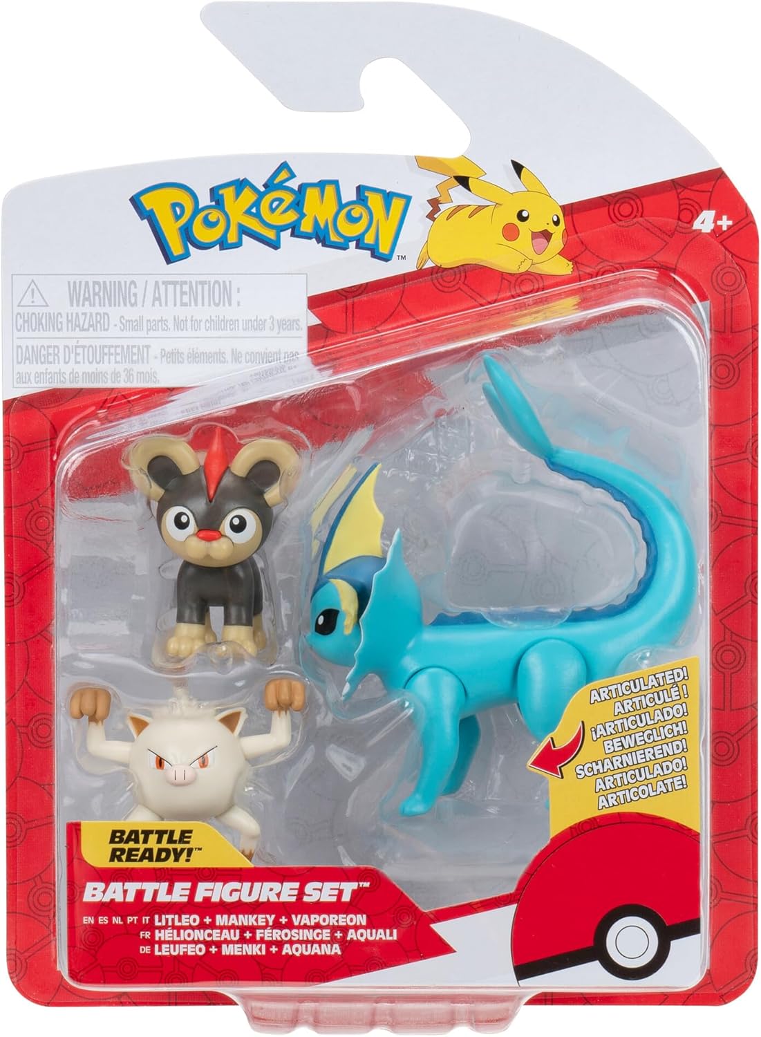 Pokémon Battle 3 Figure Set with Vaporeon, Litleo and Mankey, Articulated, Ages 4+ Collector Gift