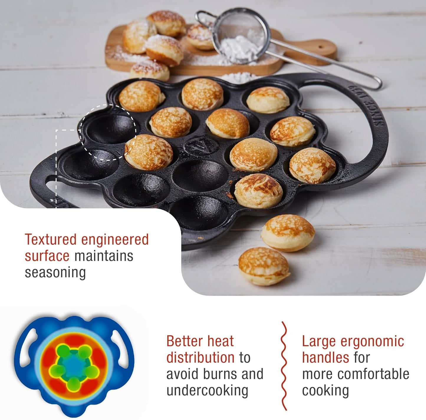 Victoria Cast Iron Poffertjes Dutch Pancake Pan with Loop Handles, Preseasoned with Flaxseed Oil, Made in Colombia
