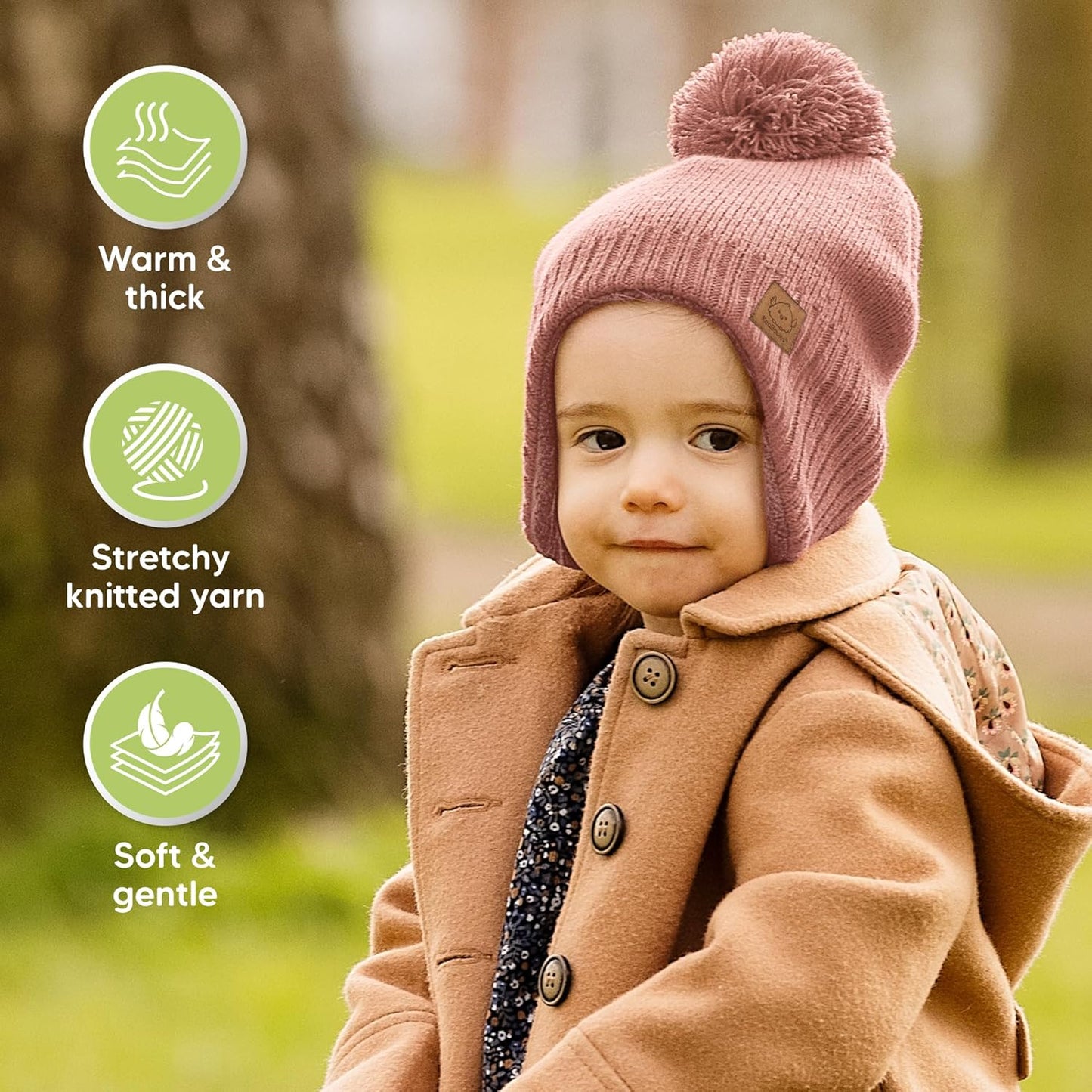 Baby Beanie Winter Hat 6-36 Months - Cute Pom Winter Baby Hats with Earflaps, Soft & Stretchy Knit Toddler Beanies for Infant, Newborn 6-36 Months Boys, Girls, Cozy, Warm Fall Essentials (Tea Rose, M)