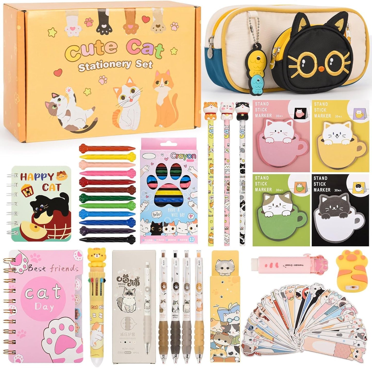 58 Pcs Cute Cartoon Cat Stationery Set Cat Lover Gifts Christmas Gifts for Boys Girls with Cat Ballpoint Pen, Gel Pens,for Birthday Gifts,School Office Classroom Supplies.