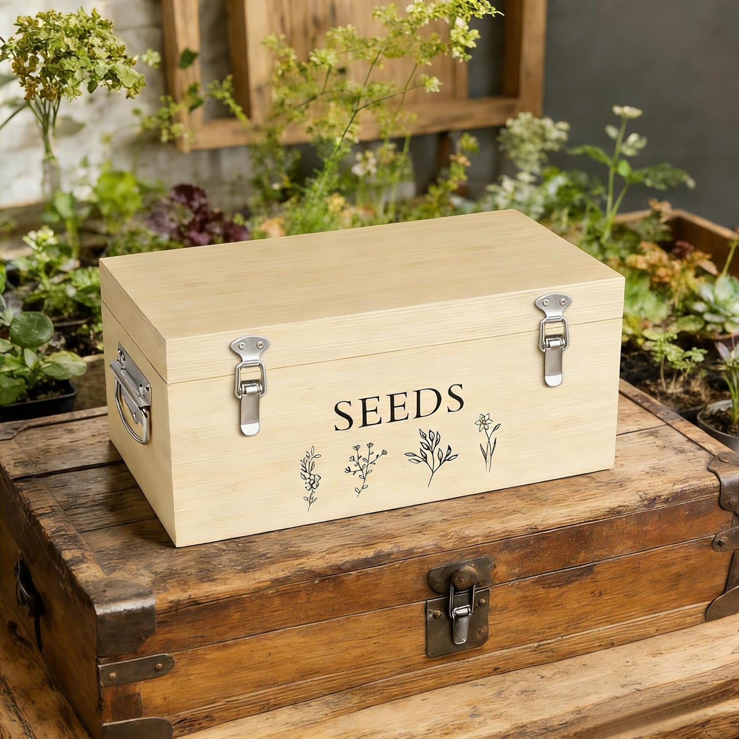Bamboo Seed Storage Organizer, Large Garden Seed Organizer with Lid & Safety Lock & Handles, Seed Box Storage Organizer Includes Seed Envelopes and Labels etc, Great Gifts Gardening Kit (Wood)