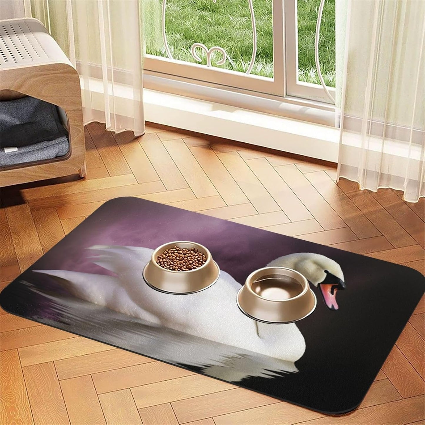 White Swan Pet Feeding Mat 30x45cm Absorbent Leather Dog Cat Food Mats Non-Slip Dog Bowl Mats for Food and Water, Quick Dry Pets Placemats for Cats and Dogs Water Bowl