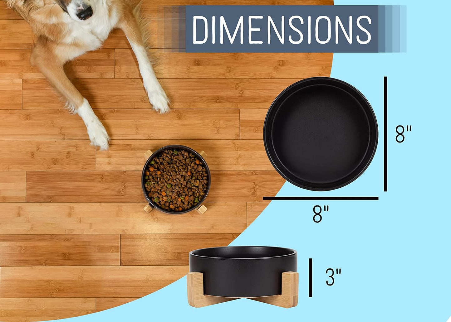 NAT & Jules Large Black 8 inch Stoneware Ceramic and Wood Pet Bowl with Stand