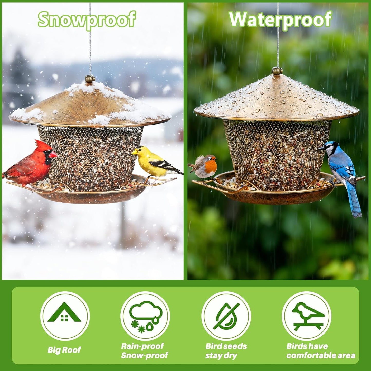Bird Feeder for Outdoor Hanging, All Metal Weatherproof Wild Bird Feeder with 9.8" Roof, 3.5 LBs Seeds Capacity, Easy to Clean & Refill