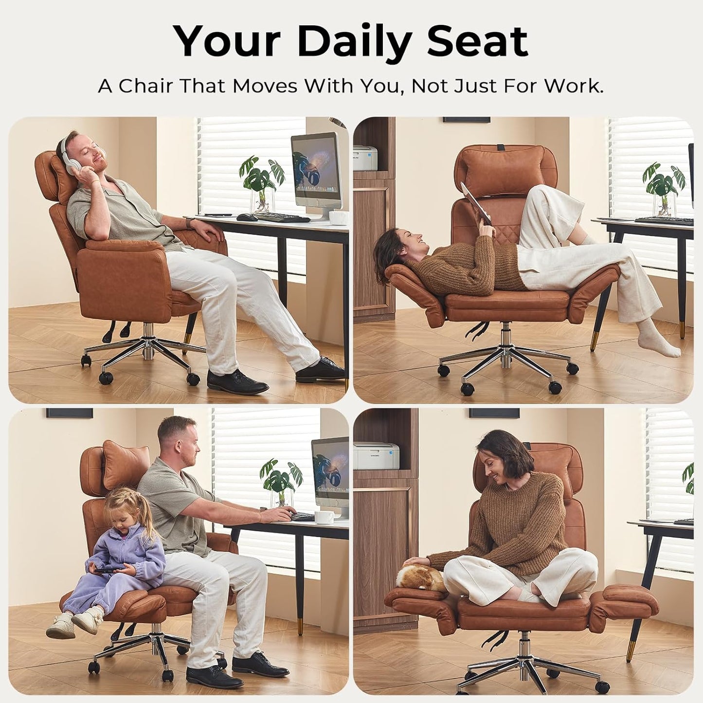 Big and Tall Office Chair - Criss Cross Leather High Back Executive Office Chair with Armrests & Wheels, Ergonomic Computer Gaming Desk Chair for Home, Makeup Vanity & Bedroom, Brown, 49.6”H×22”W