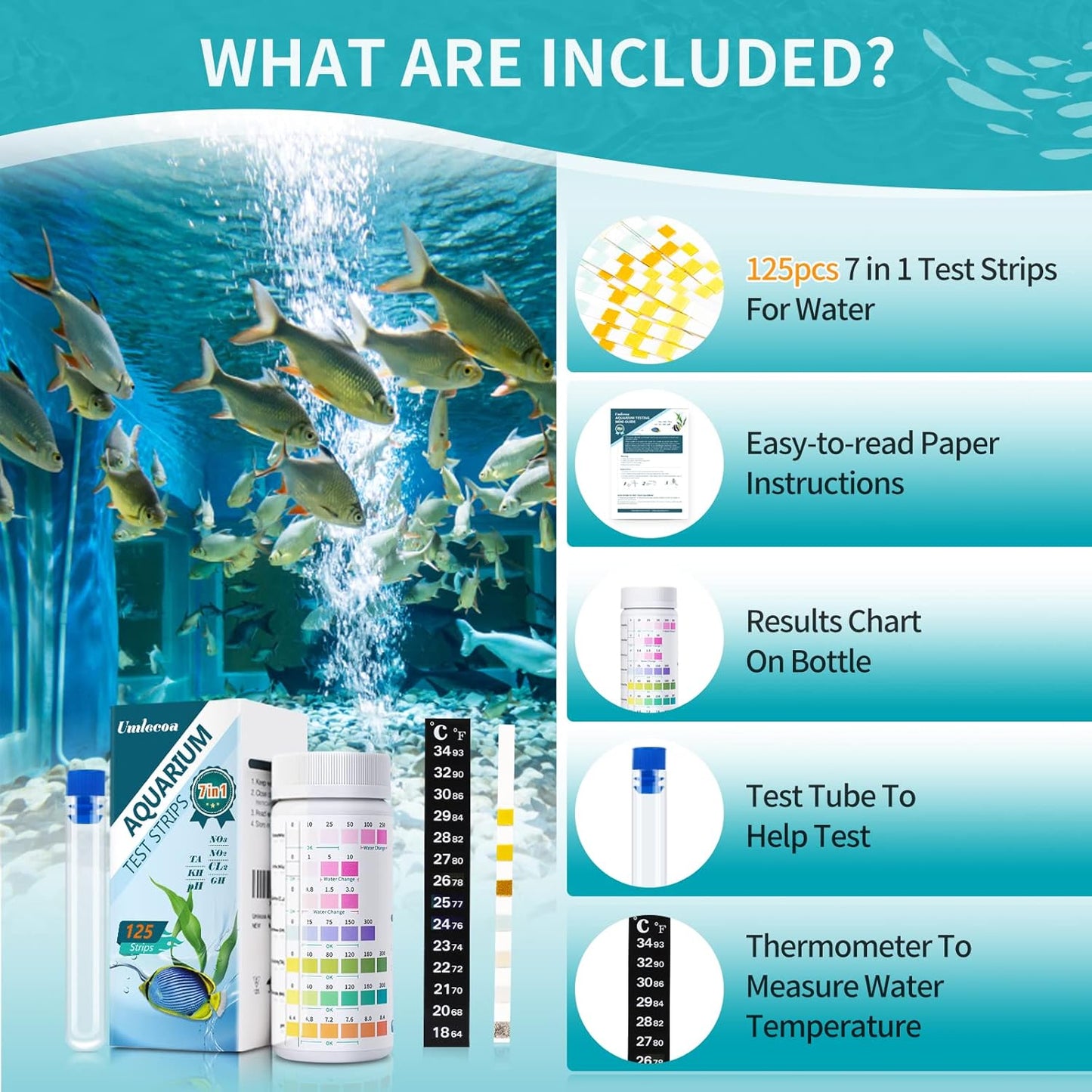7 in 1 Aquarium Test Kit for Freshwater and Saltwater - 125 Aquarium Test Strips with Test Tube & Thermometer - Fast & Accurate Water Testing Strips for Aquarium/Pond/Pool