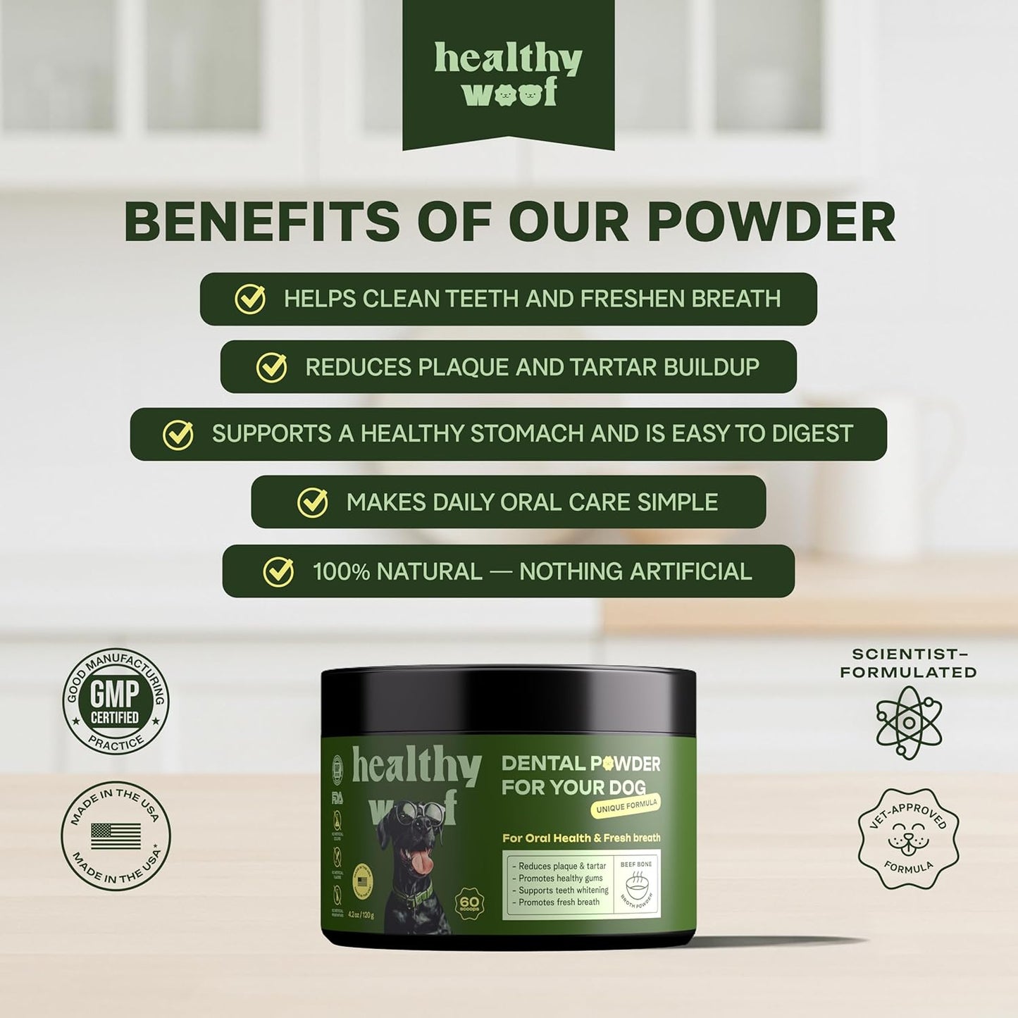 Dental Powder for Dogs - Complete Oral Care Bone Broth, Dog Teeth Cleaning Powder, Tartar Remover, Fresh Breath, Sensitive Stomach Support, Dental Care, 4.2 oz, 60 Scoops