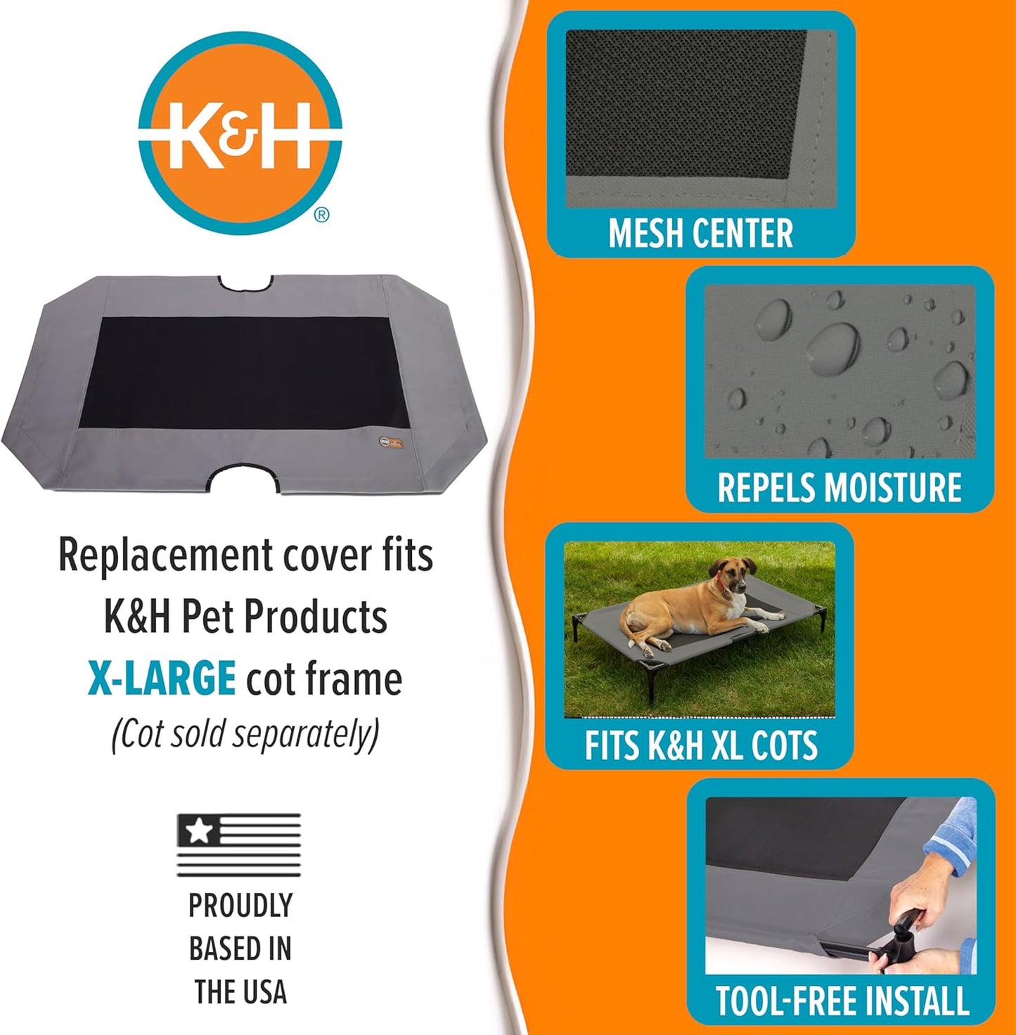 K&H Pet Products Dog Cot Replacement Cover, Designed to fit K&H XL Pet Cots (Sold Separately), Indoor Outdoor, Breathable Cooling Mesh Center, Machine Washable - Extra-Large 50 X 32in Gray