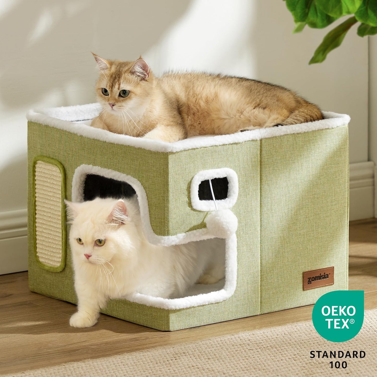 Cat Beds for Indoor Cats - Large Cat House for Pet with Fluffy Ball Hanging and Scratch Pad, Foldable Cat Hideaway,16.5x16.5x13 inches, Navy