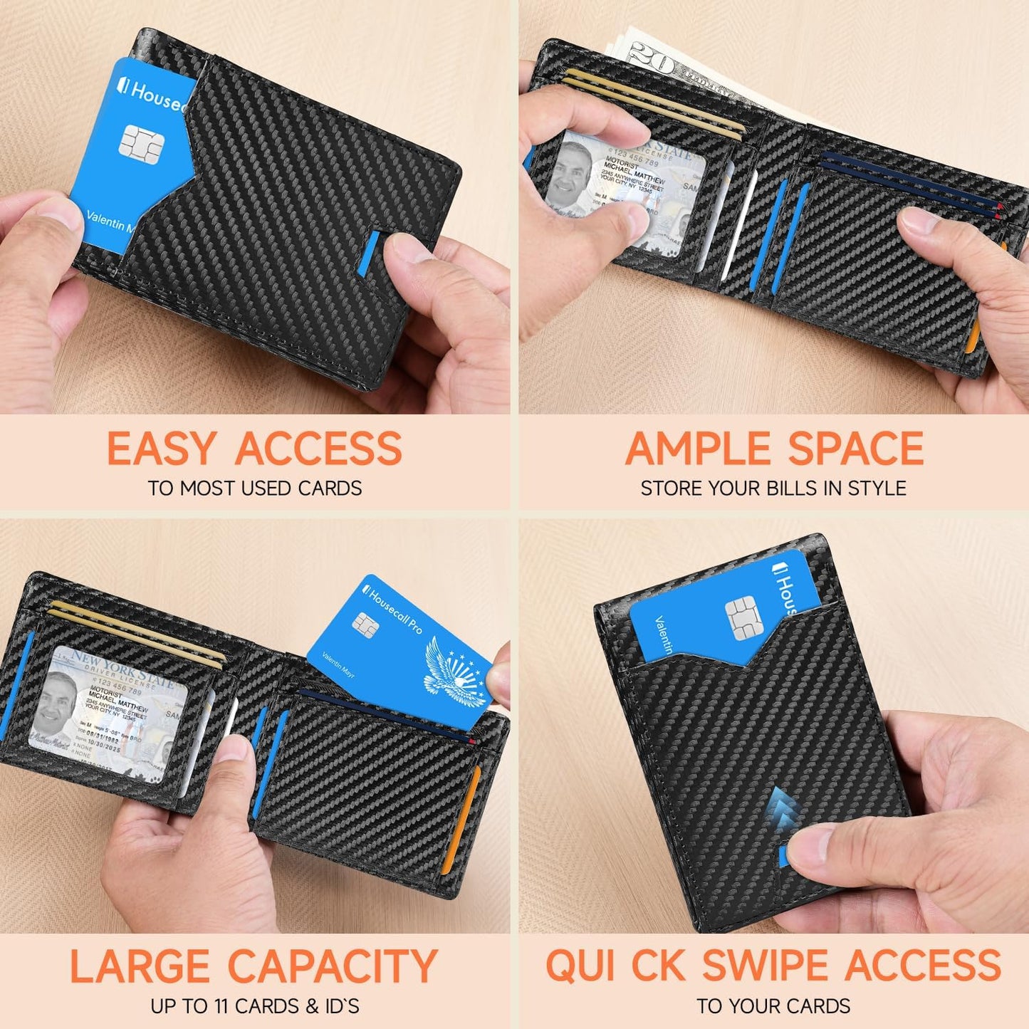 Man Slim Wallet Leather Money Clip RFID Blocking Front Pocket Minimalist Bifold Wallet Thin Credit Card Holder Carbon Black&Blue